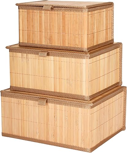 Cajas de Almacenamiento Decorativas de Bambú con Tapas - Caja Rectangular Anidable con Tapa para Organización - Cesta Apilable con Forro de Tela -