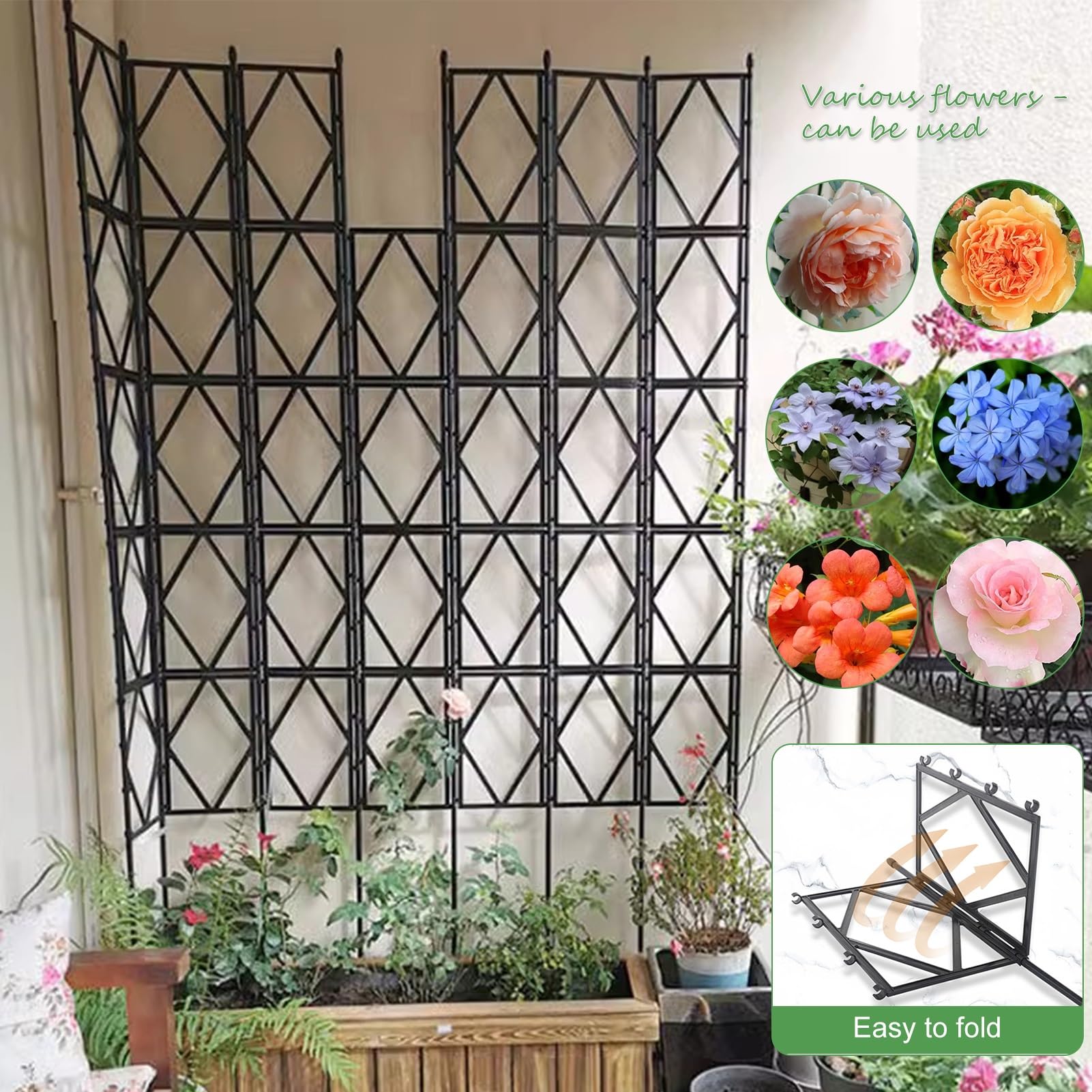 Treillis de jardin en métal noir pour plantes grimpantes, support pliable durable pour vignes, roses et légumes, panneau décoratif d'extérieur (60 x 91 cm) idéal pour améliorer le jardin