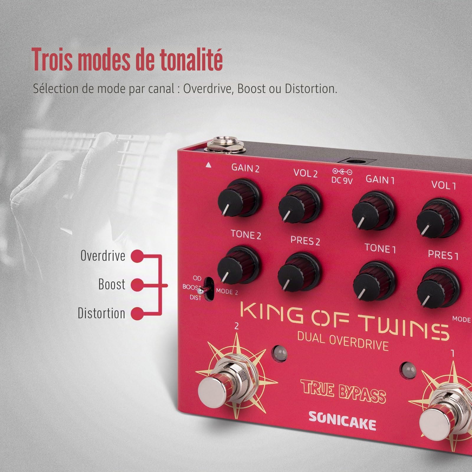 SONICAKE Pédale Overdrive Double Canal Overdrive/Boost/Distortion 3 Modes Circuit Pure Analogique True Bypass 4 Potards par Canal QDS-08