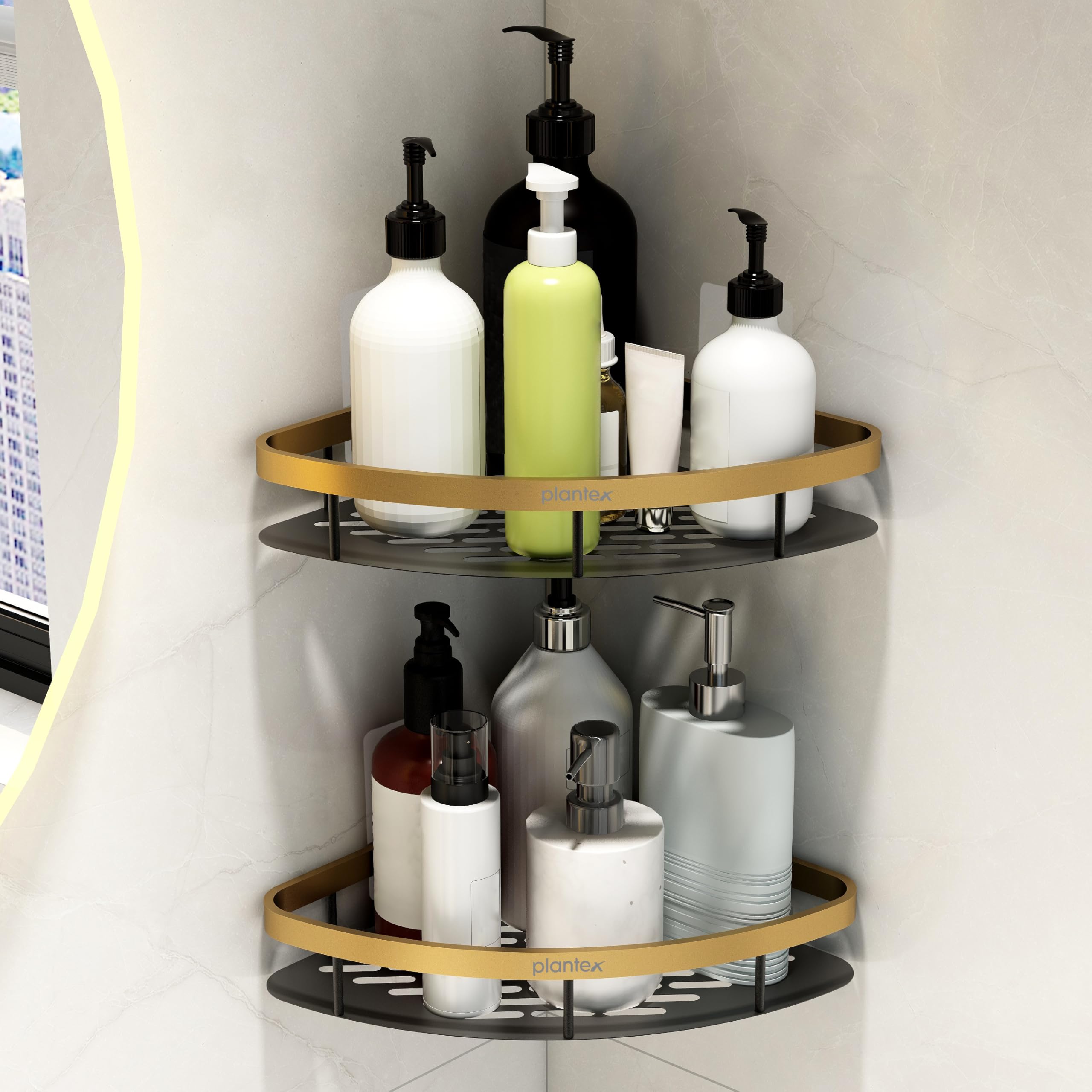 Plantex Corner Shelf for Bathroom Wall Mount/Aluminium Kitchen Corner Stand for Wall with Golden Railing & Magic Stickers/Bathroom Accessories Self Adhesive (9x9 inches, Gold & Black) - Pack of 2 (B0DC712VMZ) Amazon Price History, Amazon Price Tracker