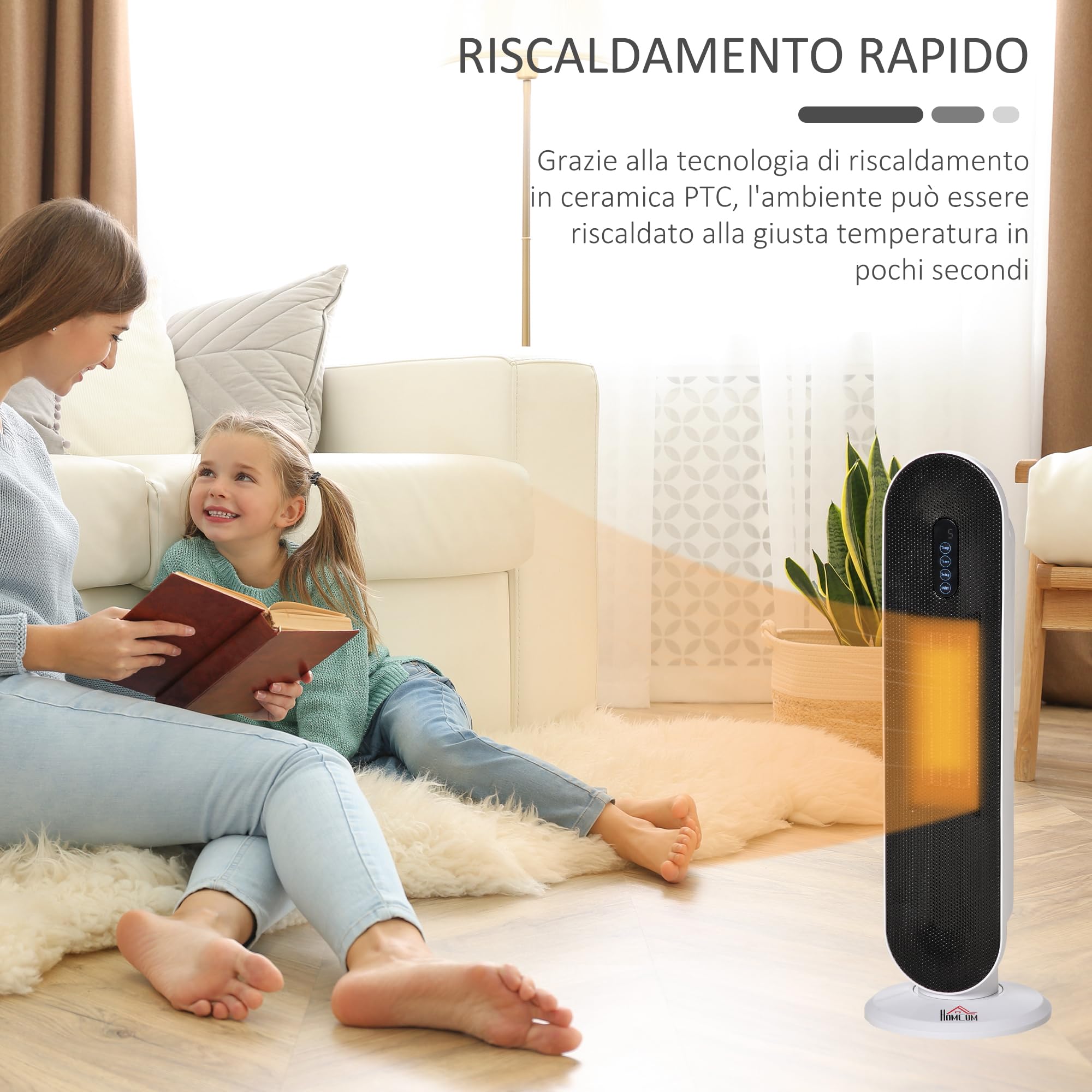HOMCOM Stufa Elettrica Oscillante con Timer 21x21x63.5 cm Bianco e Nero | Con Telecomando, 2 Modalità, Stufetta Elettrica Basso Consumo in PTC, Protezione da Surriscaldamento e Antiribaltamento