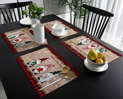 Miniatura 3 de Juego de 4 manteles individuales decorativos de Navidad con diseño de gnomos, diseño a cuadros rojos y negros, resistentes a las manchas, manteles