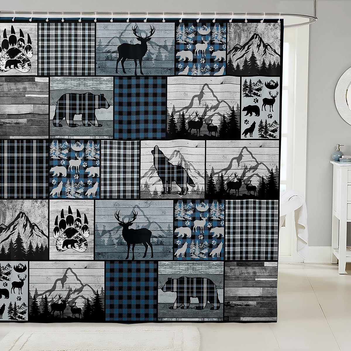 Feelyou Deer Elk Bear Wolf Bathroom Shower Curtain Set Blue Plaid Rustic Cabin Shower Curtain Farm Forest Camping Hunting Bath Curtain Geometric Checkered Kids Bathroom Accessories 72"x78"