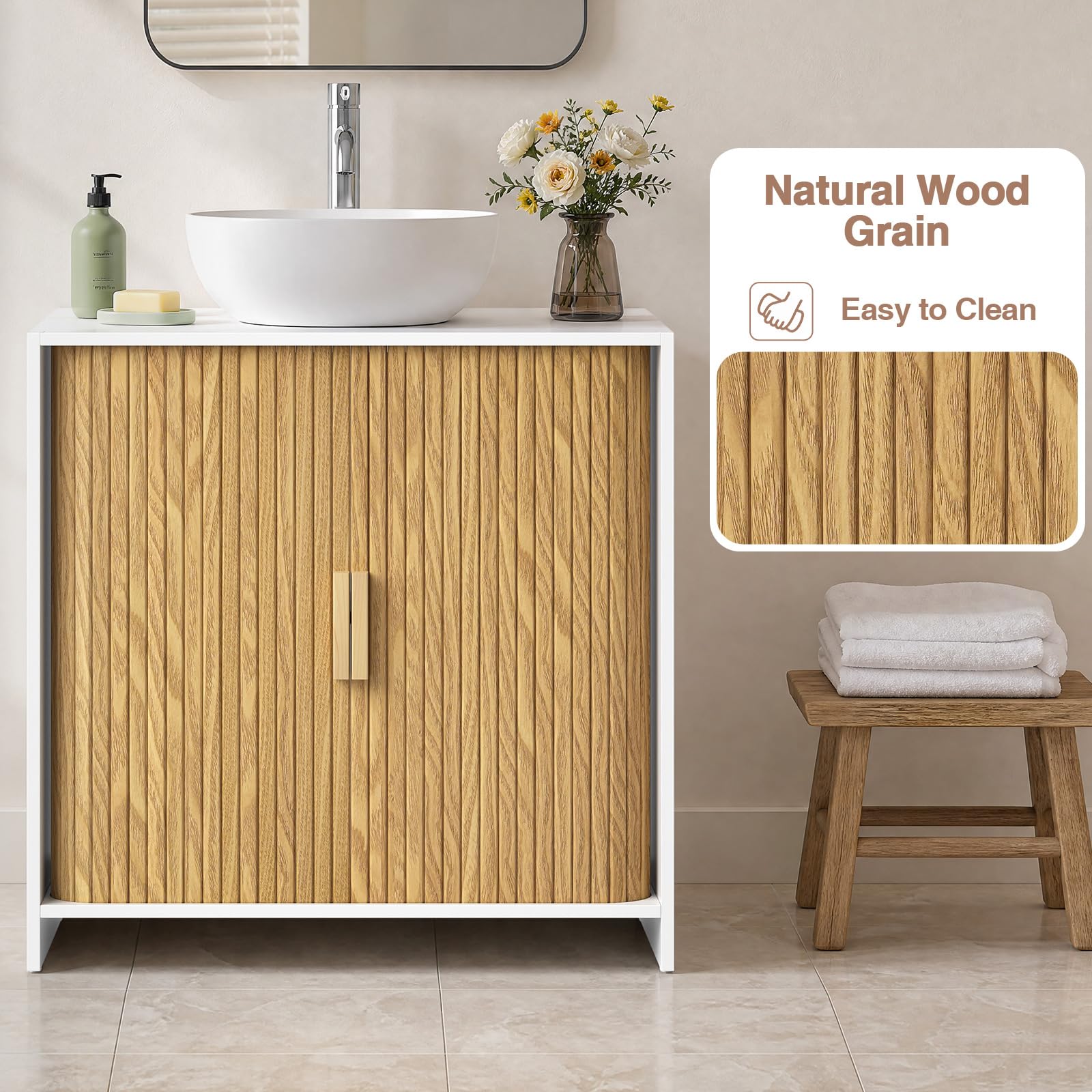 Mobile sottolavabo in legno con porta arrotolabile, per il bagno
