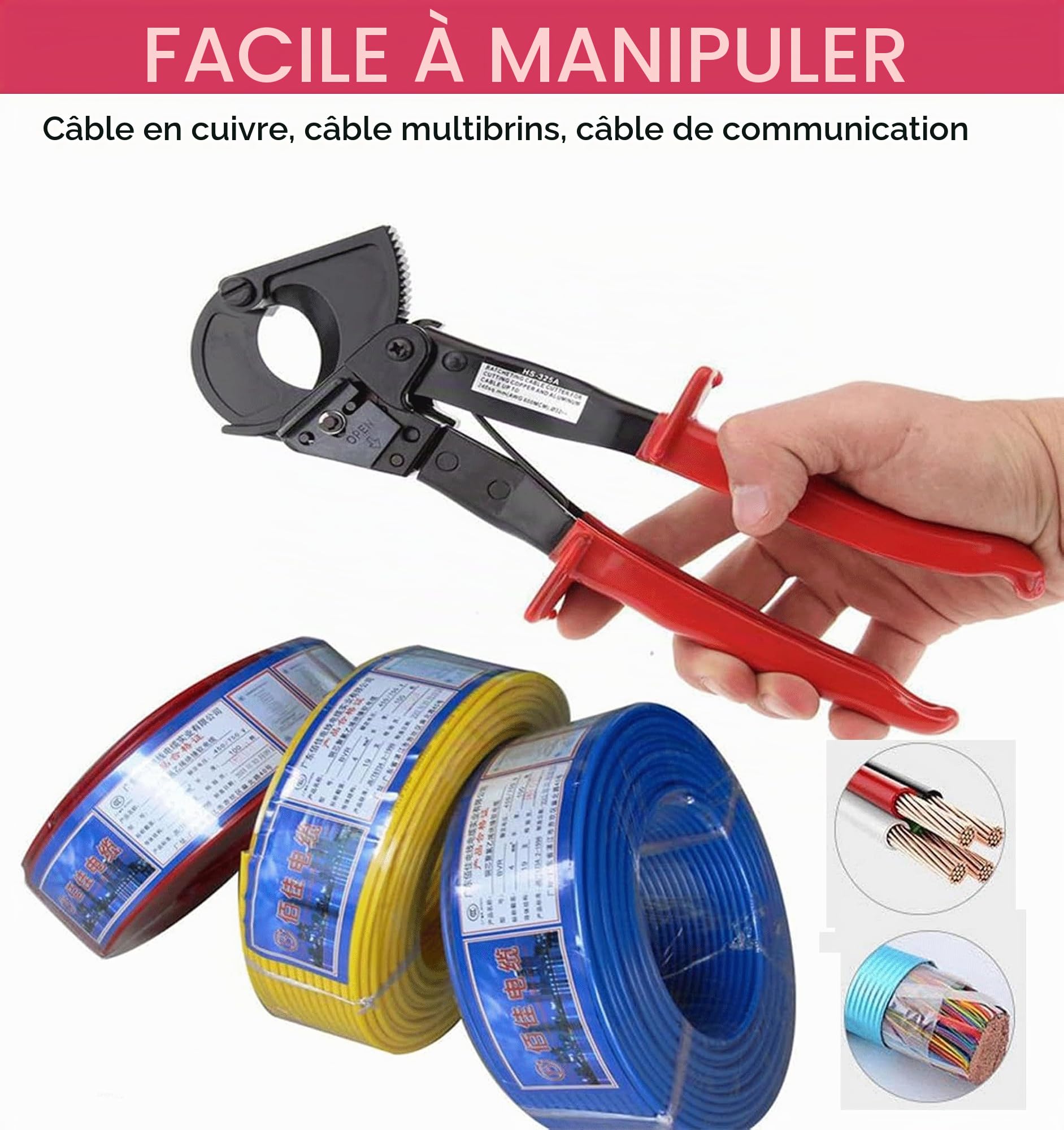 Coupe-câble à cliquet robuste – Coupe jusqu'à 240 mm² câbles en aluminium et cuivre – Poignée ergonomique avec verrouillage de sécurité et couvercle en plastique