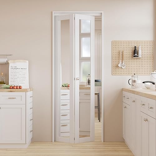 Puertas plegables, puerta de espejo de 30 x 80 pulgadas con perilla y kit de herramientas, puerta interior plegable para despensaarmario, paneles de