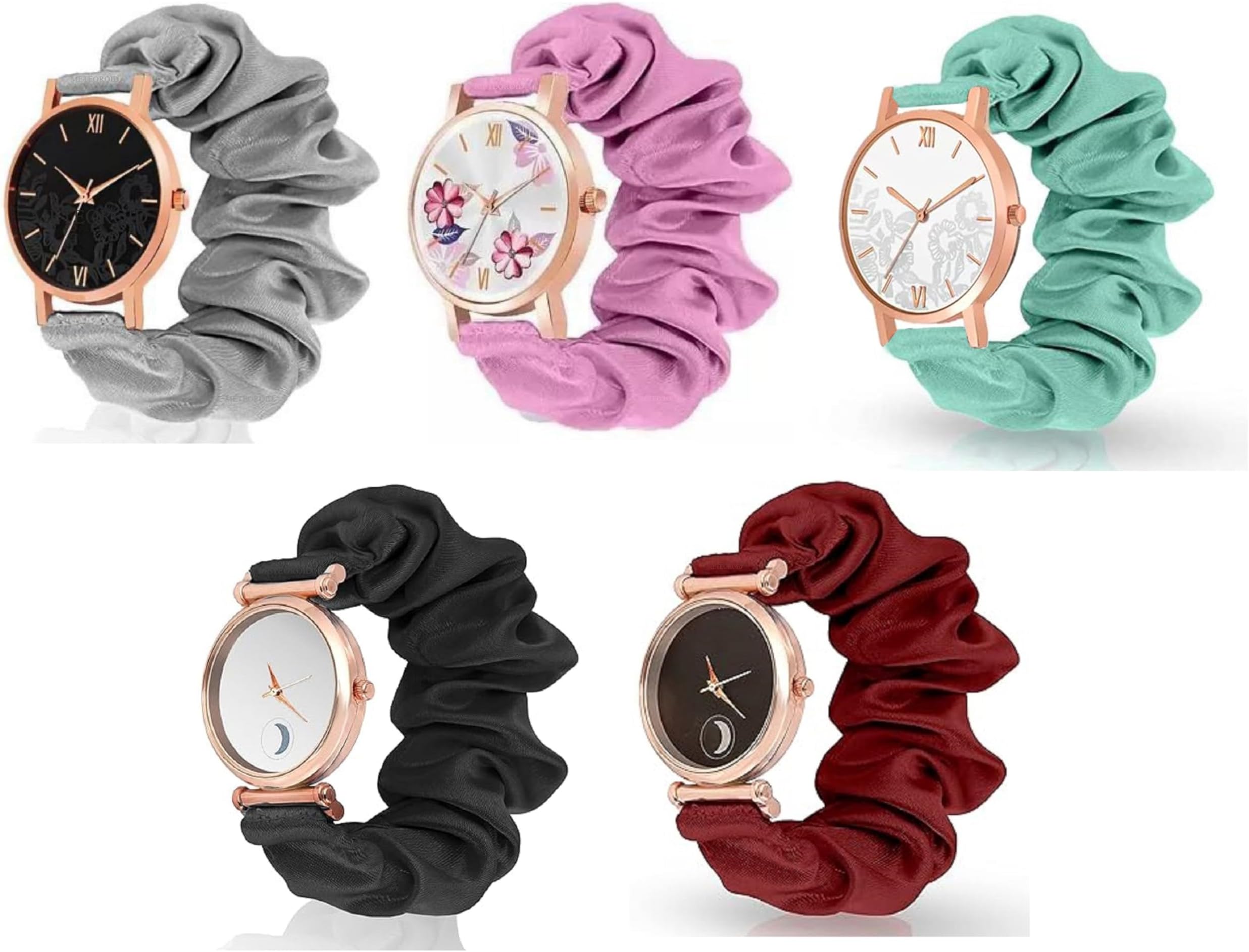 Black Analog Dial Scrunchies Strap Cloth Solid Fabric Wristband Watch Elastic Scrunchy Bands Watch for Women & Girls Multicolour (Multicolour (A) Pack of 5)