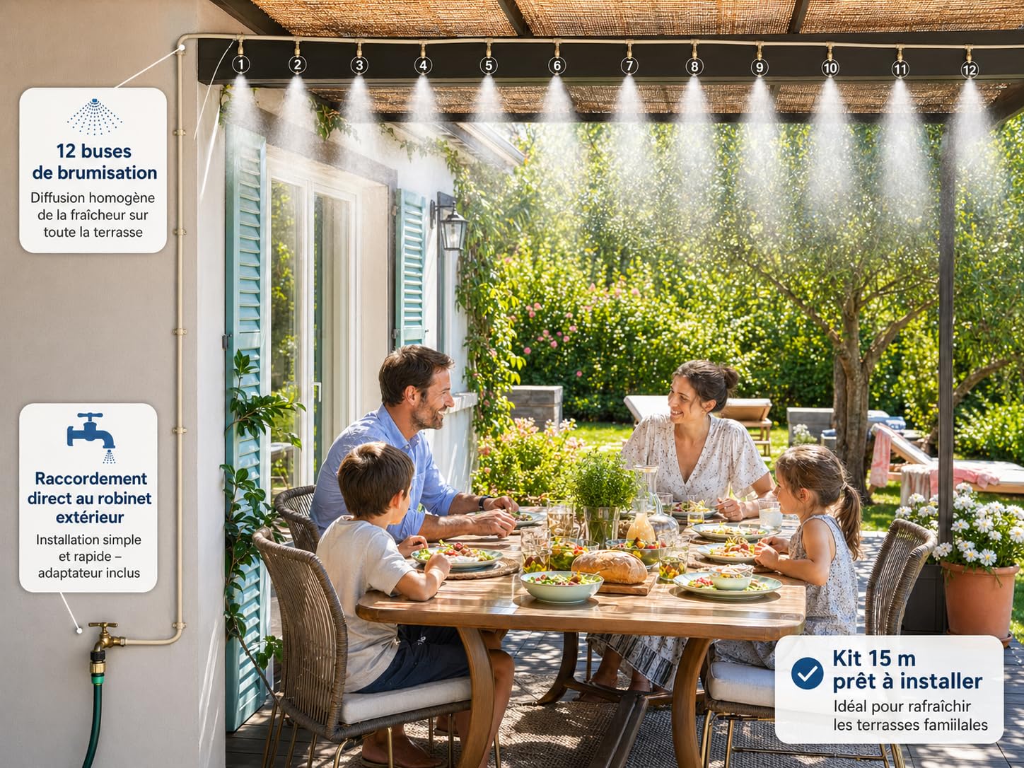 O'FRESH Nebulizador para Terraza 15m - Pérgola Parasol - Nebulización de exterior de alto rendimiento con 12 boquillas de acero inoxidable - 15 metros - Repele mosquitos y plagas voladoras