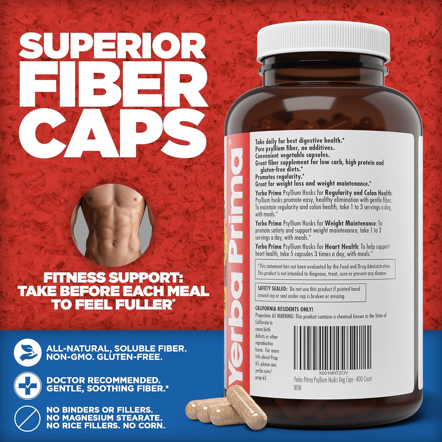 Yerba Prima Psyllium Husks Veg Caps, 400 Capsules (625mg) - Vegan, Non-GMO, Gluten Free, Colon Cleanser, Daily Fiber Supplement : Health & Household