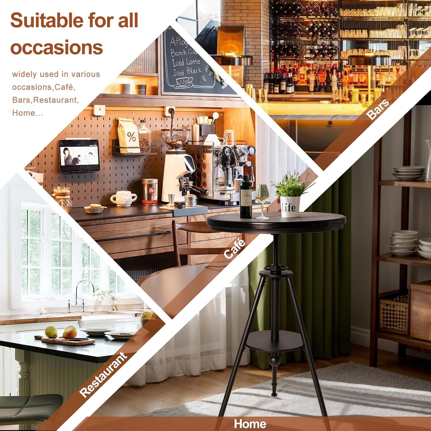 33.46”-39.37” Height Adjustable Bar Table - 23.62" Rotating Solid Pine Wood Round Tabletop - Metal Base with Footrest - Space Saving Furniture Modern Industrial Style - Black