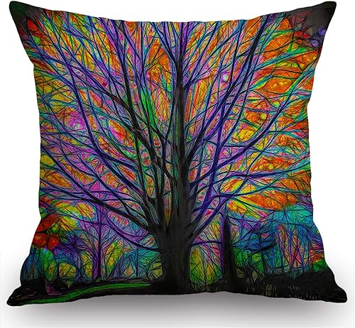 Swono Funda de almohada cuadrada decorativa de lino y algodón con diseño de árbol de la vida primaveral de 18 x 18 pulgadas para decoración de sofá