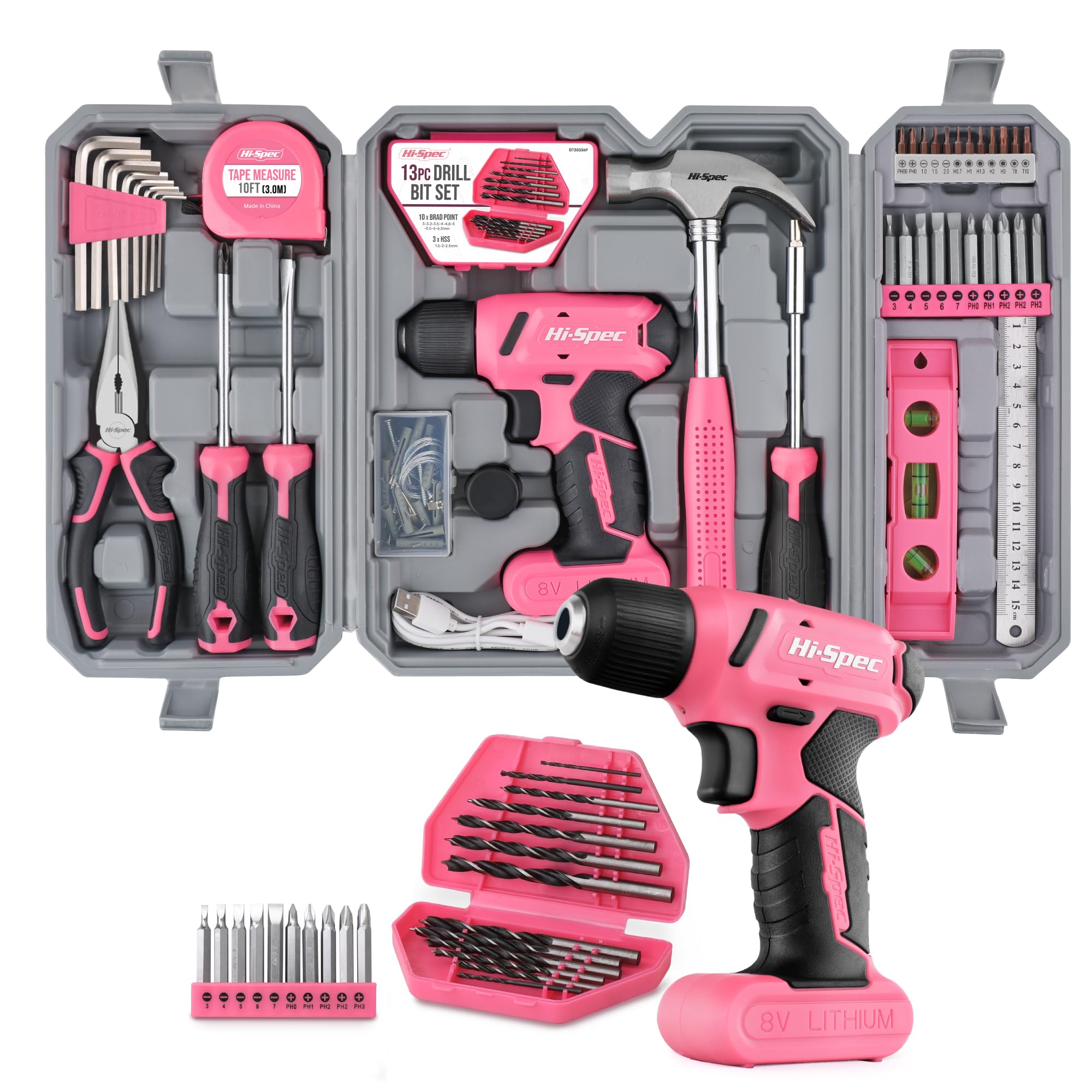 Hi-Spec Women's Pink 57Pc Tool Kit With Drill – Tool Box Set With 8V Usb Cordless Electric Screwdriver & Drill Bits. Tools For Home Diy Repair, Office Maintenance & Everyday Use