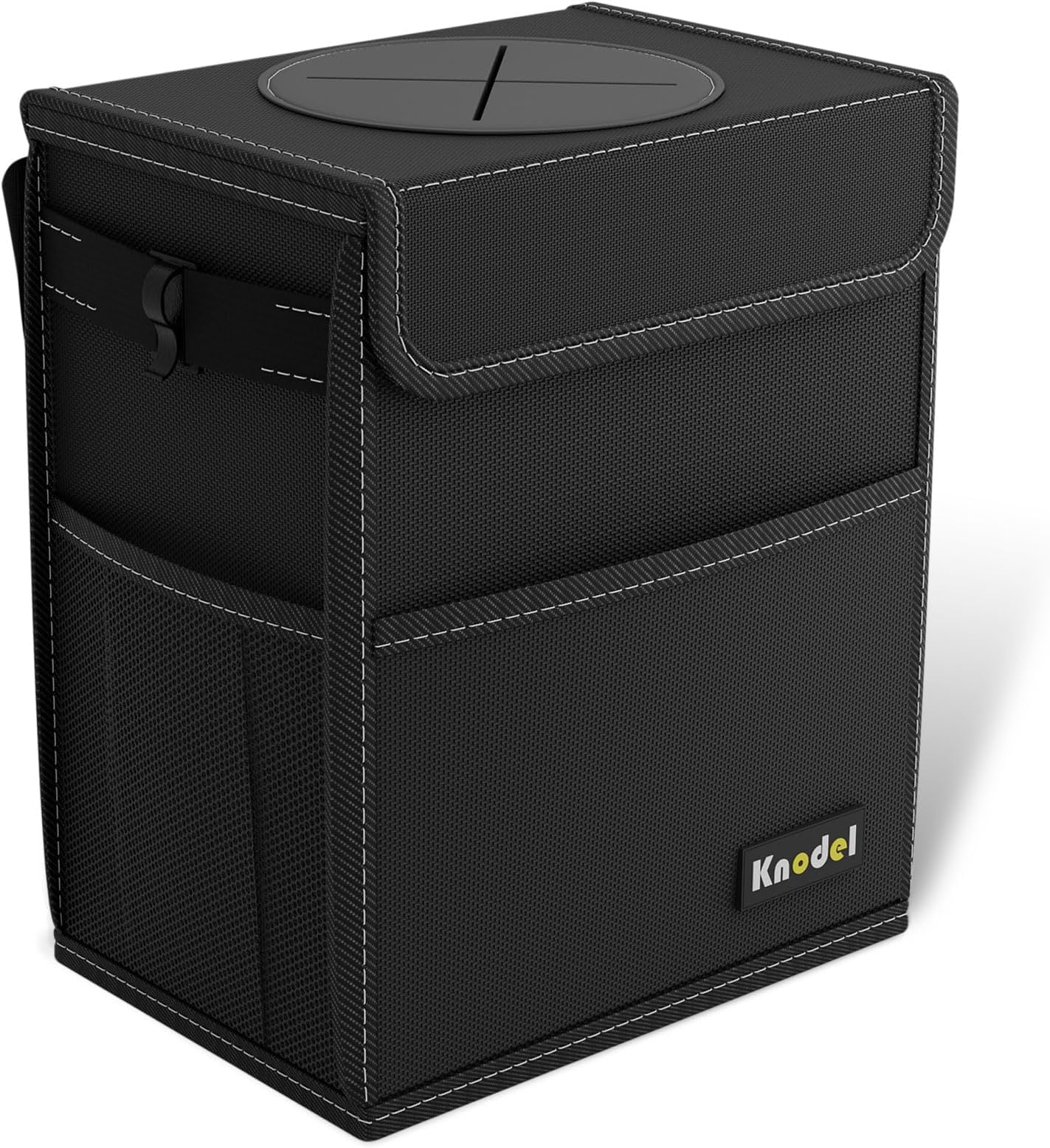 K KNODEL Car Bin With Lid - Foldable and Waterproof for Tidy Use, Adjustable Straps and Multiple Pockets (Medium, Black)