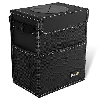 K KNODEL Car Bin with Lid, Car Trash Can and Bag Medium, Black | Waterproof Car Garbage Can with Liner, Hanging Trash Bag for Car, Suv, Van, Truck, Car Bin