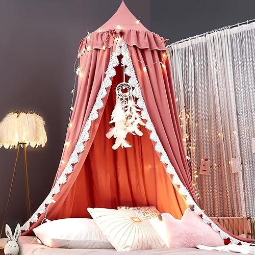 Kertnic Toldo de cama para niñas, toldo de princesa rosa suave con volantes, decoración de lazo de ensueño, toldos de cama para habitación de los