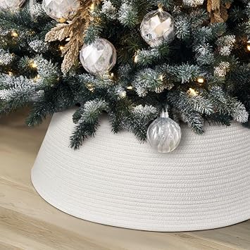 MEGASKET White Christmas Tree Collar, 28 inch Woven Christmas Tree Skirt, Modern Cotton Rope Xmas Tree Ring Base Cover, Neutral White Farmhouse Holiday Decoration for Artificial Real Trees
