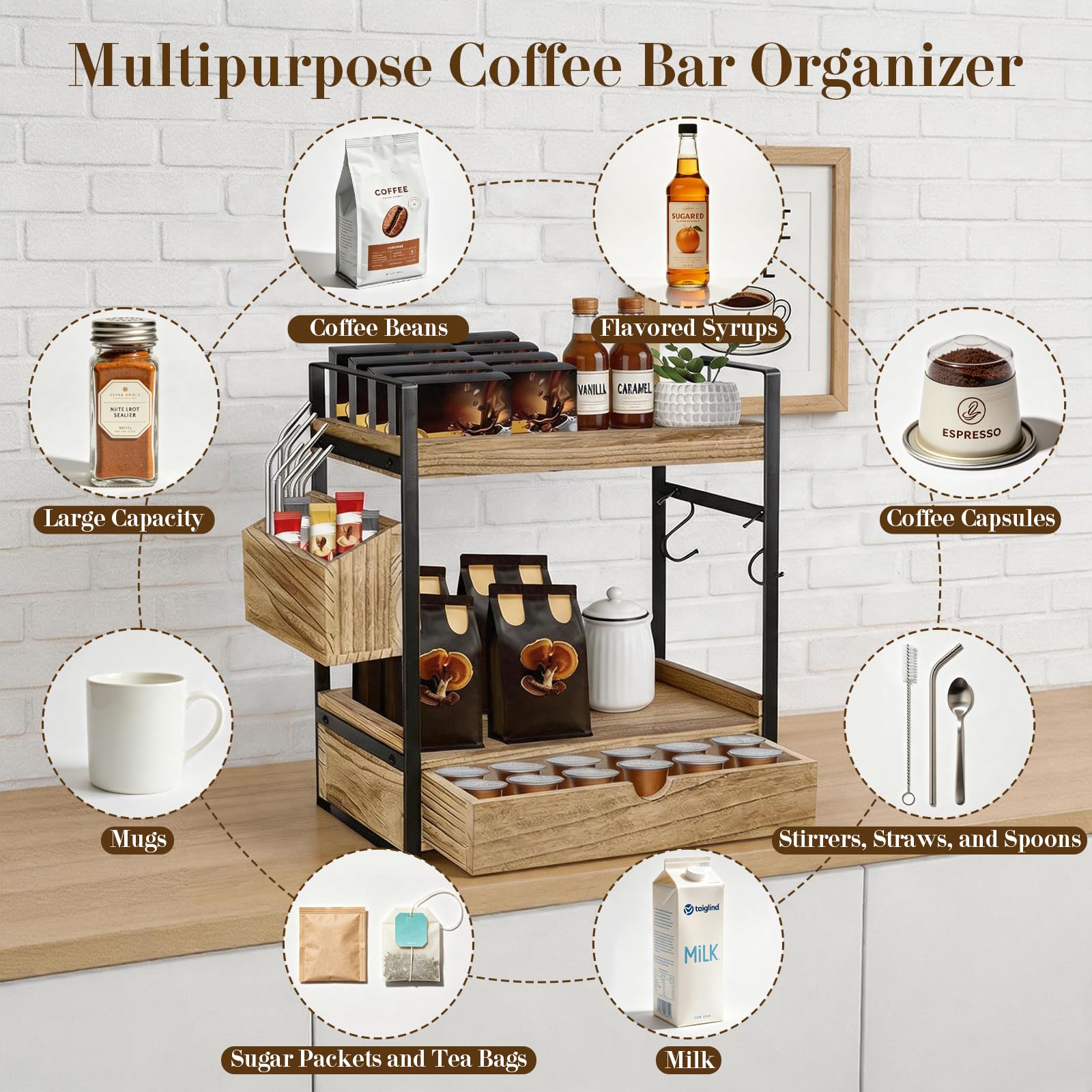 Organizador de estación de café, organizador de barra de café de 3 niveles con cajón de cesta y ganchos para tazas, accesorios de barra de café de madera, organizador de estante de almacenamiento para