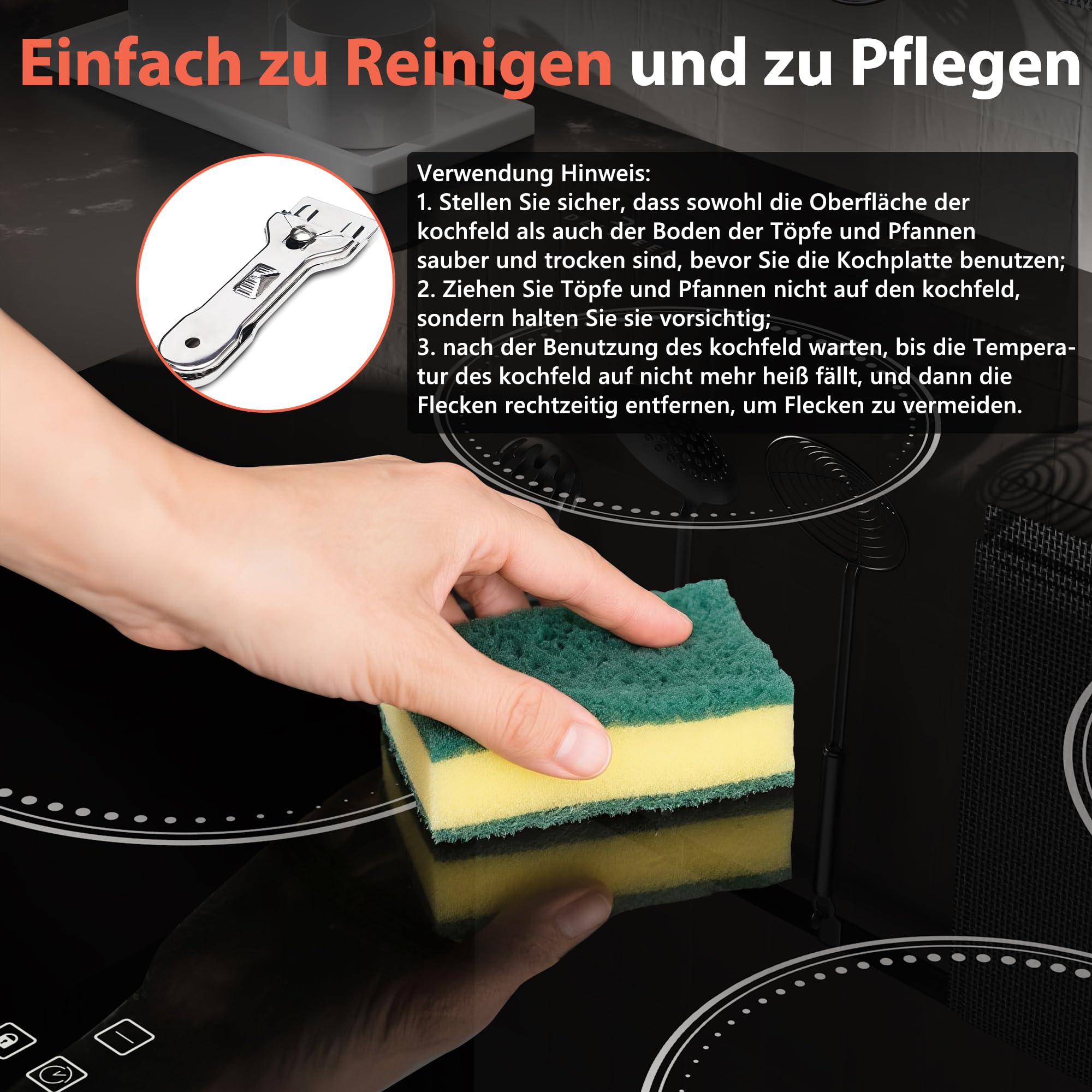 Induktionskochfeld 4 Platten Einbau 60CM mit Individuelle Touch-Steuerung | Autark Kochfeld Induktions 4 Zonen mit Boost-Funktion, 7200W, Kein Stecker, 230V, Schwarz