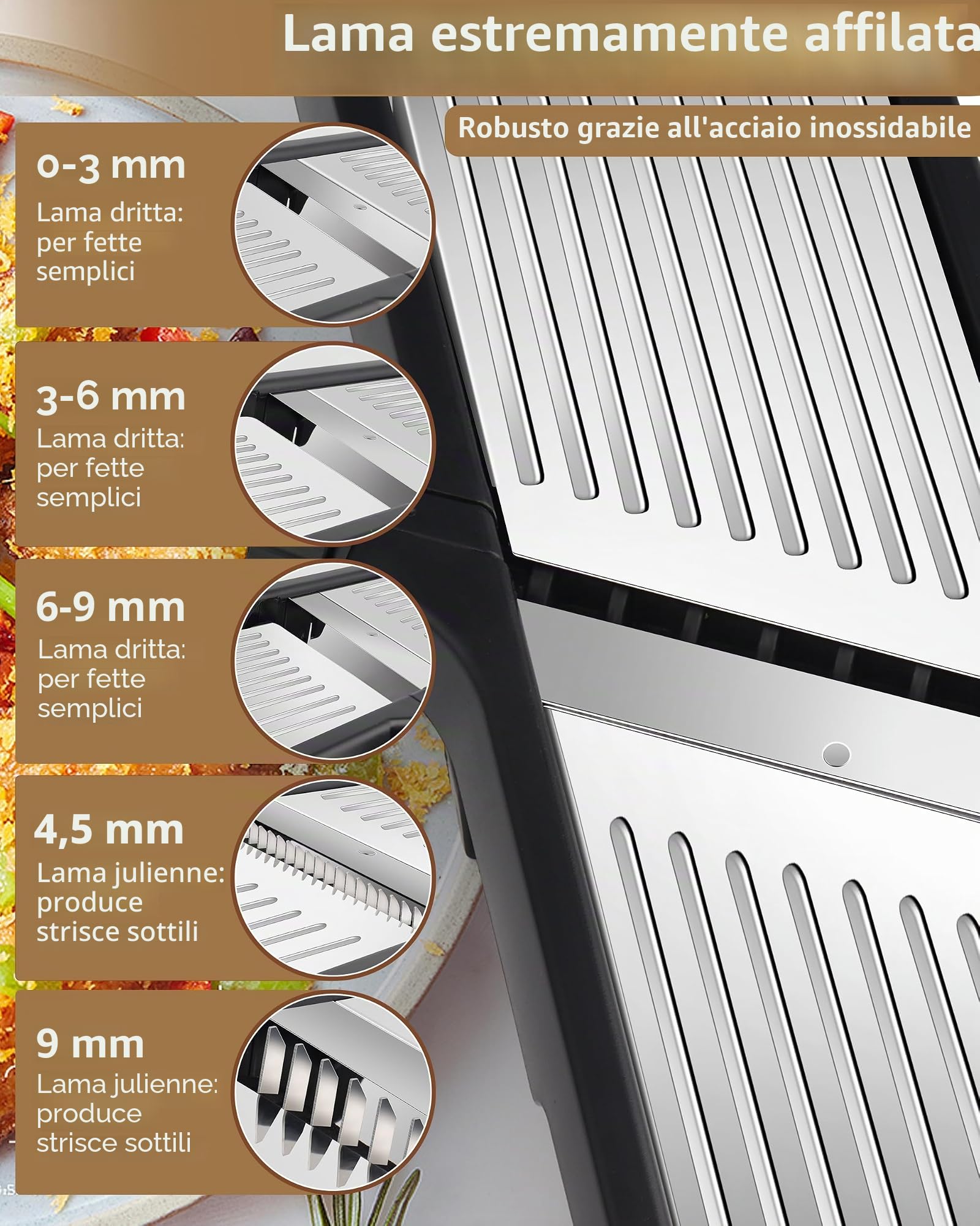 Affettatrice mandolino 5 in 1, regolabile in acciaio inox, taglierina vegetale, affettatrice pomodoro, taglierina frutta e onione, inclusi guanti resistenti