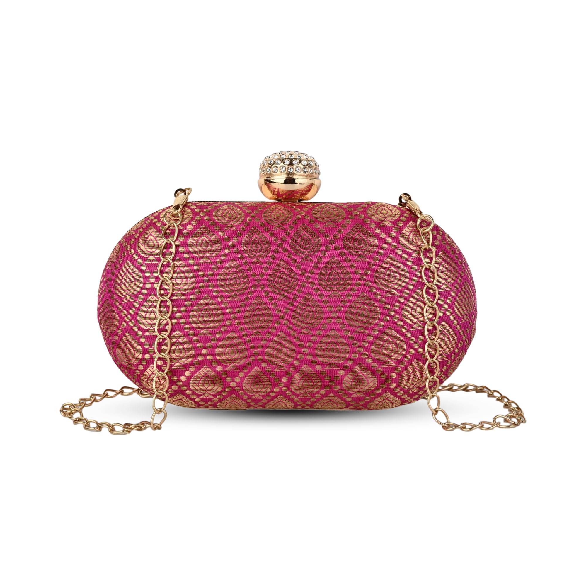 mybwo Banarasi Noor Pink Elegant Embellished Oval Clutch with Chain Strap and Crystal Clasp-picture-10
