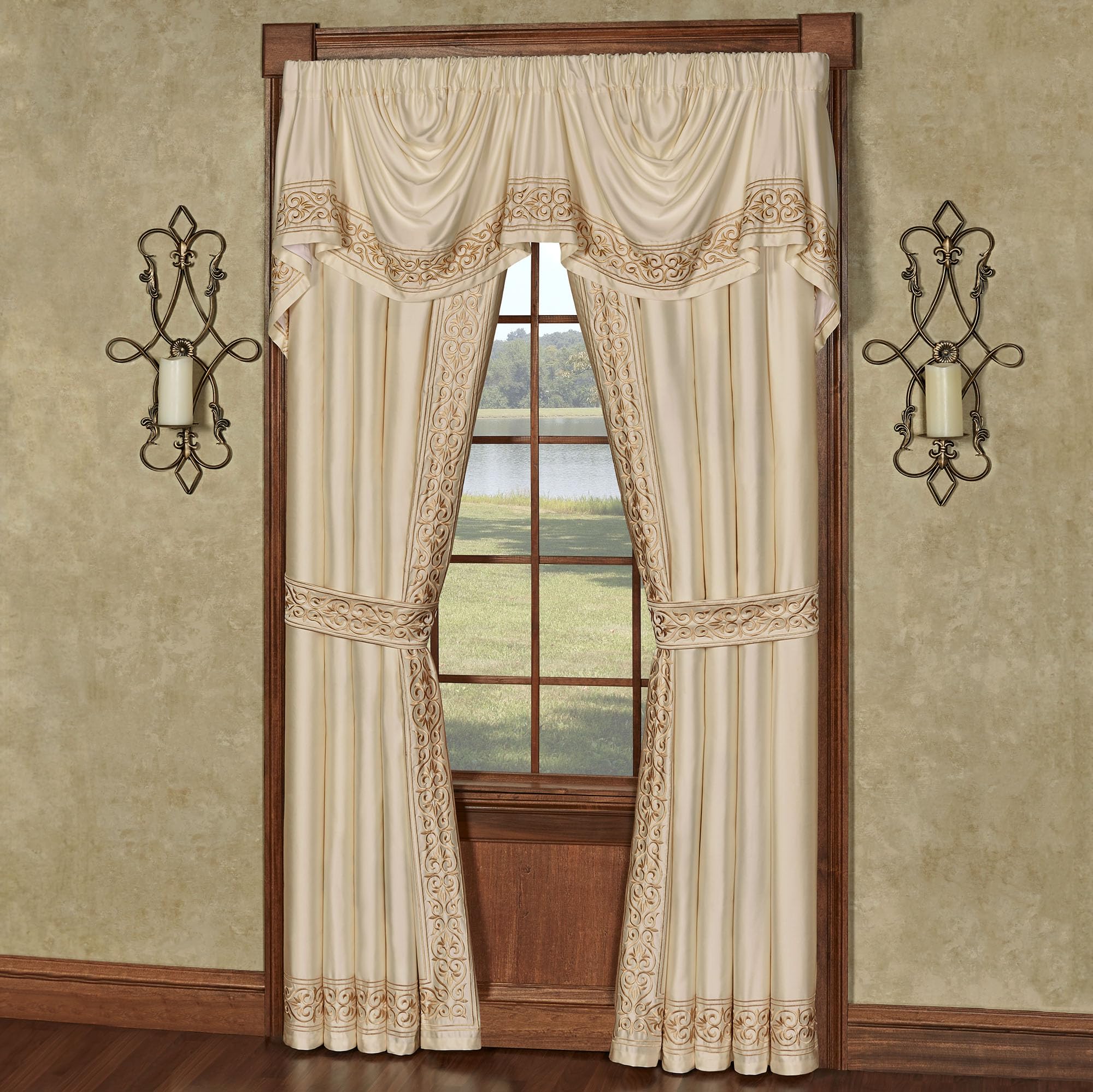 Touch of Class Versailles Luxury Window Treatment | Classic Neutral Pearl | Palace-Inspired French Style Golden Scrollwork Embroidery | Designed Drapery Set: Empire Valance and 84L Curtain Pair