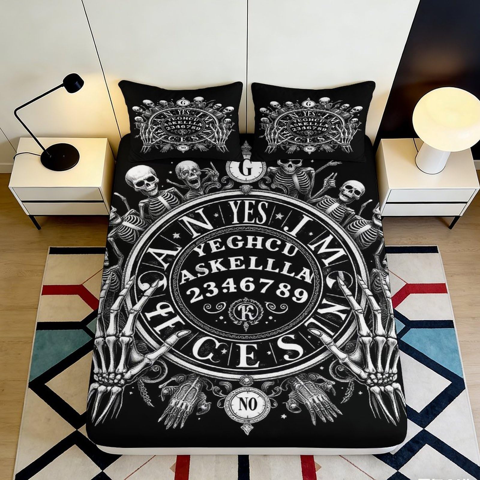 3D Printed Skeleton Ouija Fitted Sheet Microfiber Black Gothic Bed Cover for Bedroom Dorm Mattress Decor 160x200x25cm
