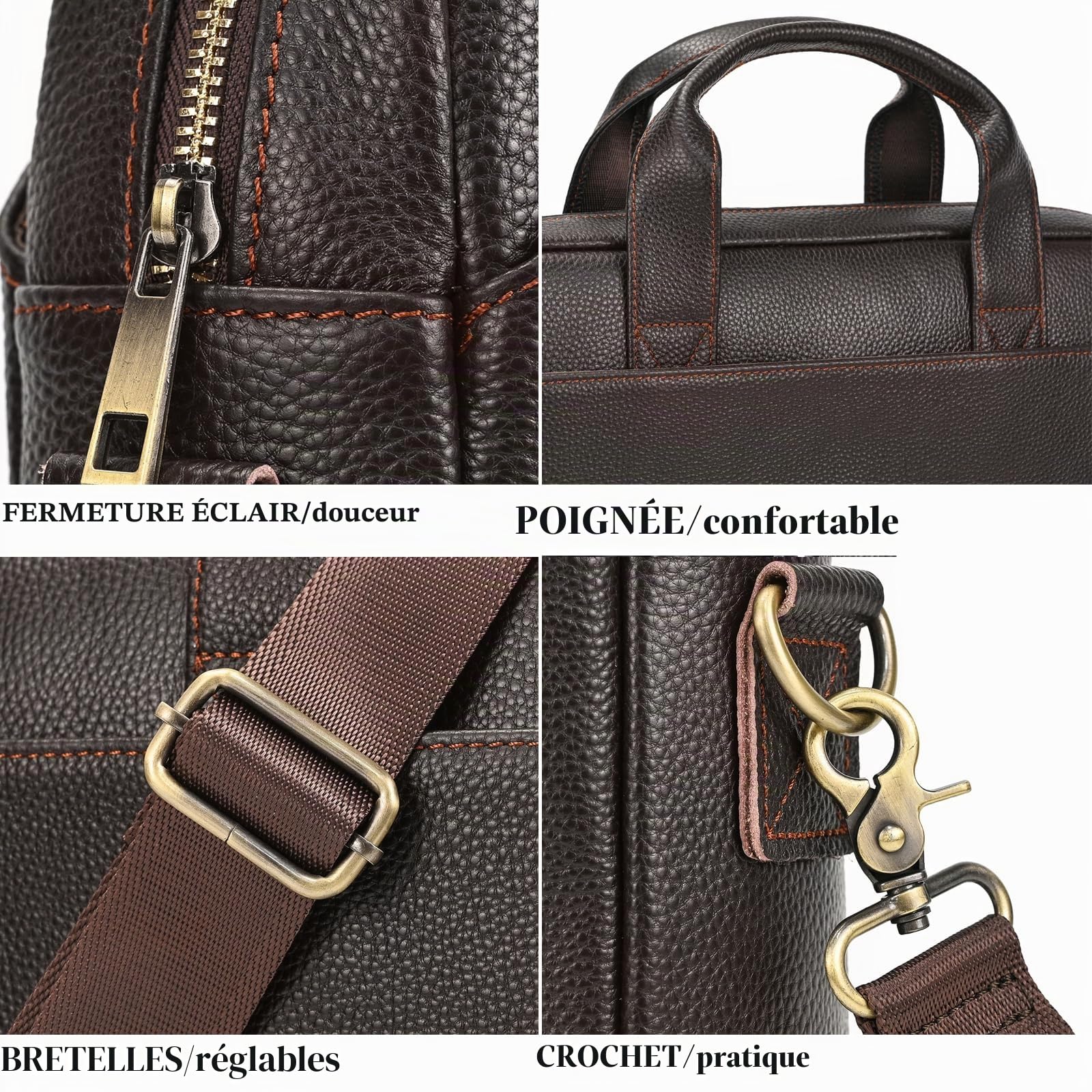 Sac Business Mallette homme Cartable Sacs Business en Cuir Véritable 14 Pouces Porte Document Sac à Bandoulière d'affaires, 3315 Marron