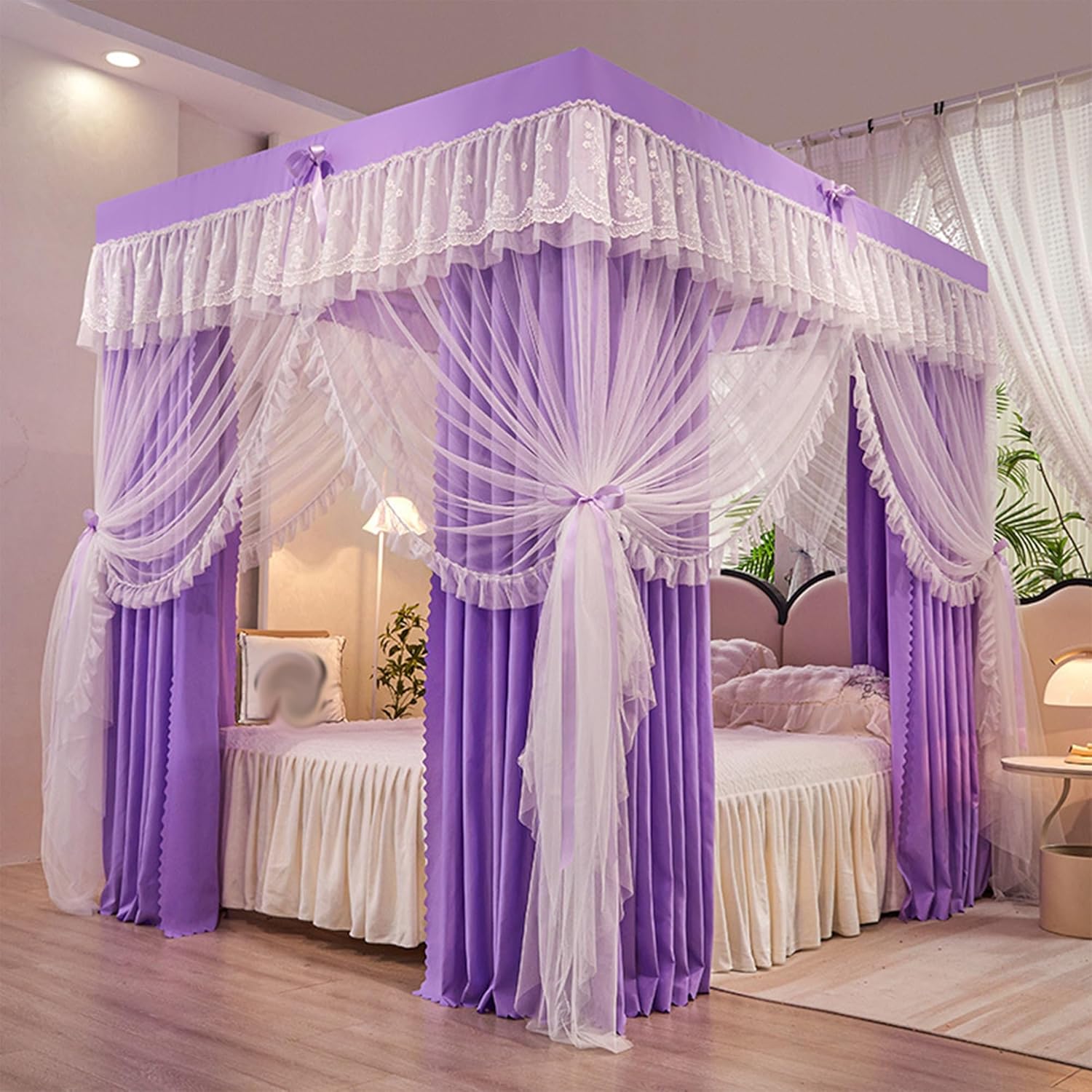 4 Corners Post Ruffle Luxurious Lace Princess Bed Canopy Curtain,Elegant Double Layer Cozy Drape Netting Bed Curtain for Twin Full Queen King Size Bed Drapes(Purple,150x200cm/Full)
