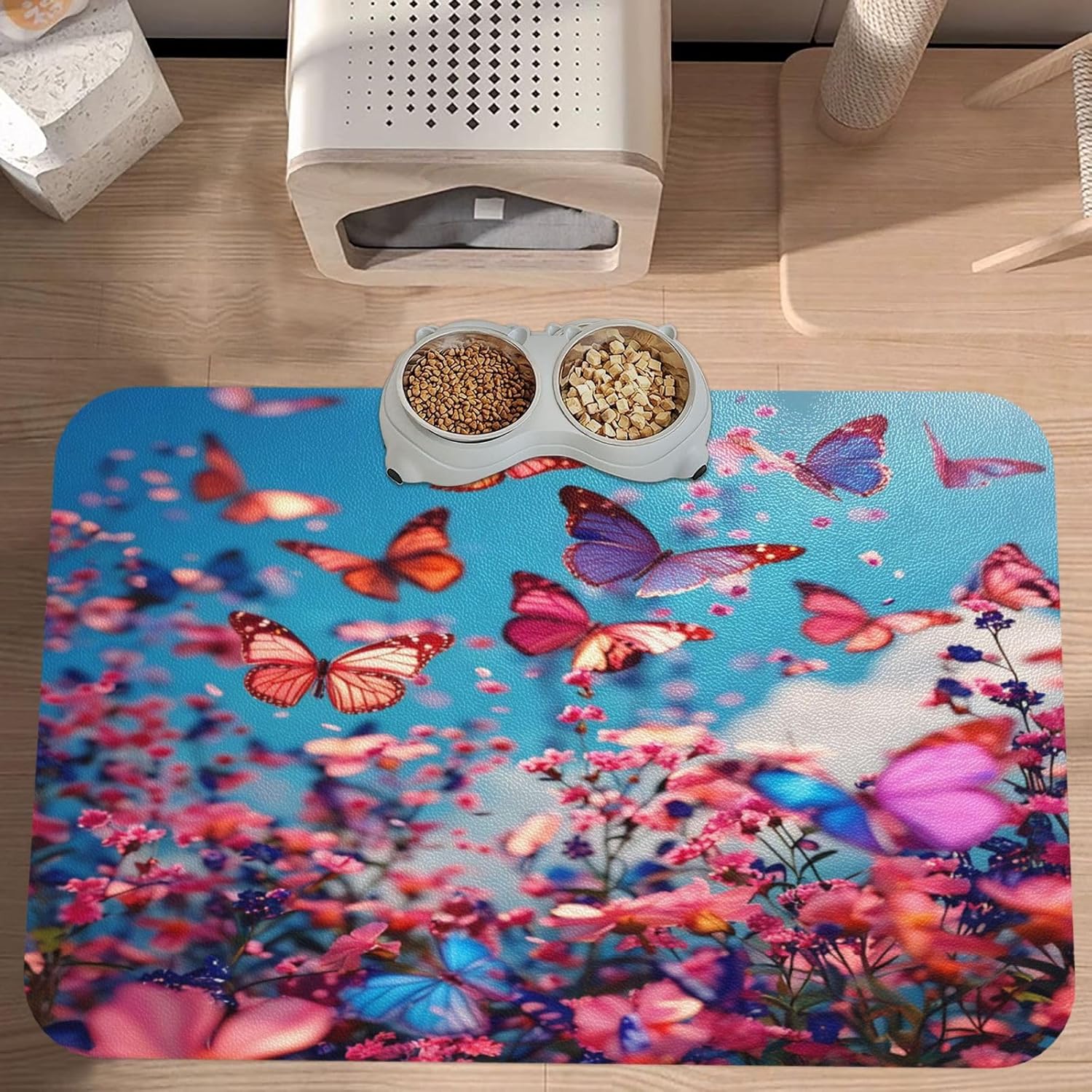 Butterfly Flower Sky Pet Food Mat Dog Non-Slip Feeding Mat Cat Bowl Mats Pets Placemat for Food and Water 40x60cm