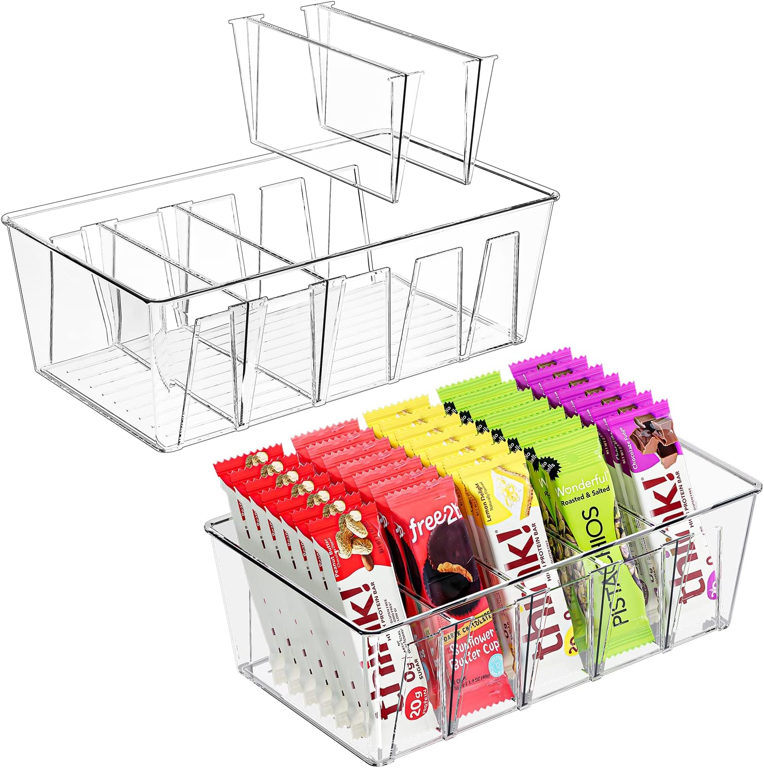 Puricon 2 Pack Pantry Organization and Storage Bins for Kitchen Fridge Countertop Cabinet, Stackable Clear Plastic Storage Racks with Removable Dividers, 5 Compartments for Snacks Packets Spices