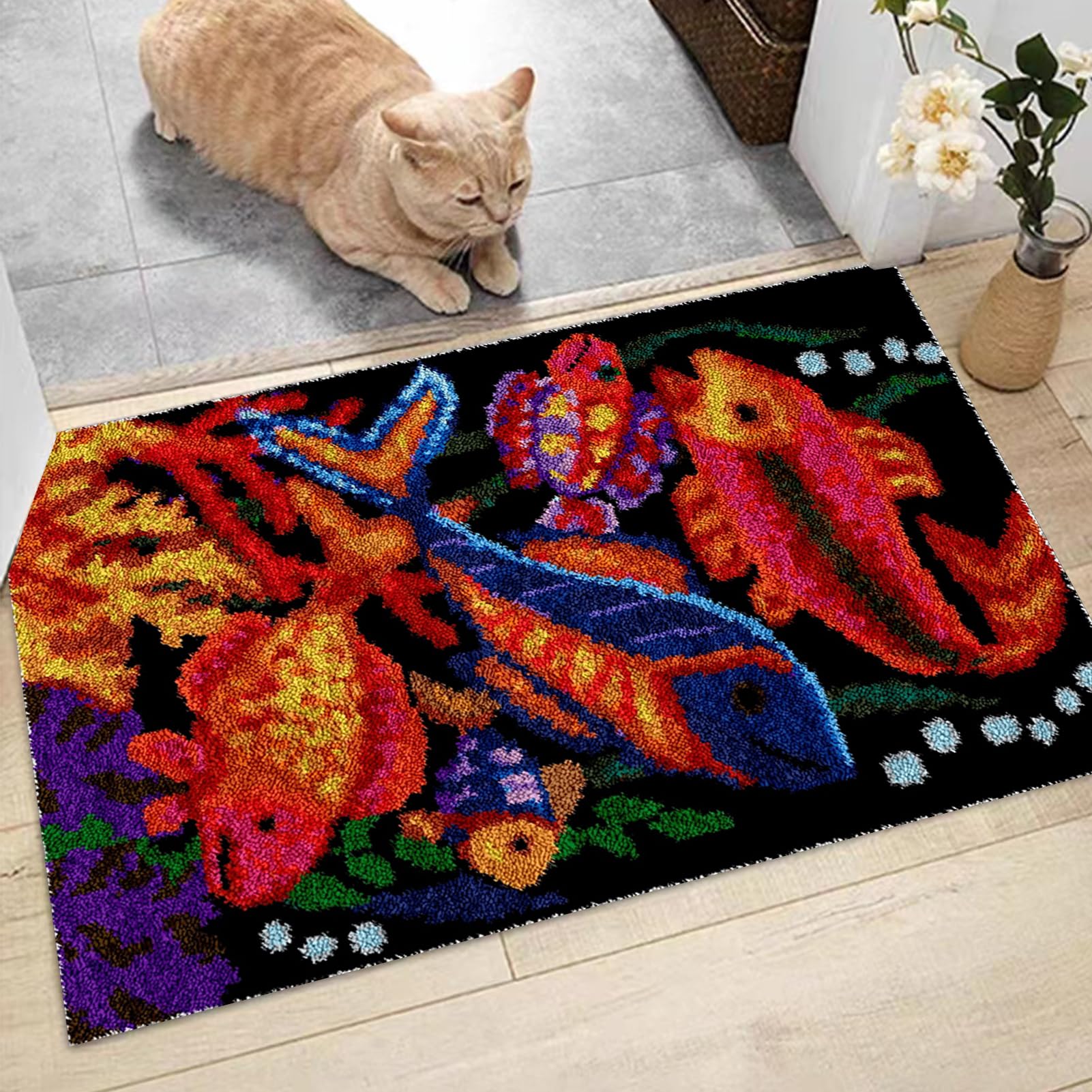 Kit per tappeto per adulti, kit fai da te con ricamo e tela stampata, grande 130 x 150 cm, cuscino per pavimento in filato all'uncinetto, per decorare la casa, facile realizzazione di tappeti