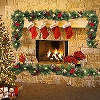 Vista 6 de MorTime Paquete de 2 guirnaldas LED de Navidad de 9 pies con piñas y bayas rojas, bolas de Navidad, guirnalda de Navidad multifunción con 50 luces