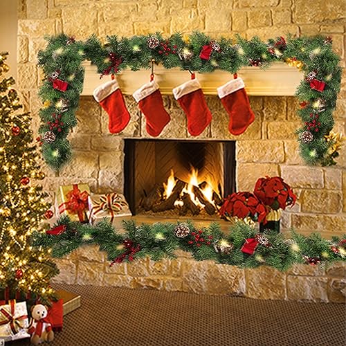 Miniatura 7 de MorTime Paquete de 2 guirnaldas LED de Navidad de 9 pies con piñas y bayas rojas, bolas de Navidad, guirnalda de Navidad multifunción con 50 luces