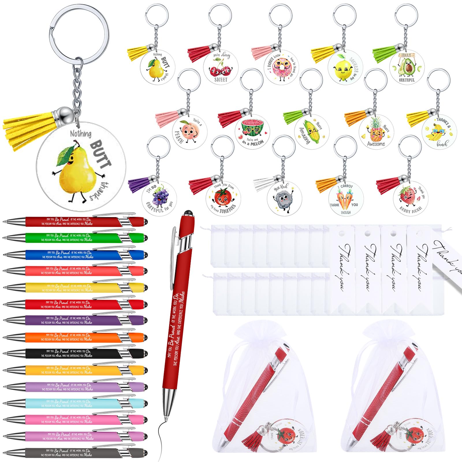 Photo 1 of 30 Sets Funny Thank You Gifts for Employee with 30 Fruit Pun Acrylic Keychains with Tassel 30 Pun May You Be Proud Ballpoint Pens 30 Organza Bags 30 Tags for Students Teachers Business Coworkers
