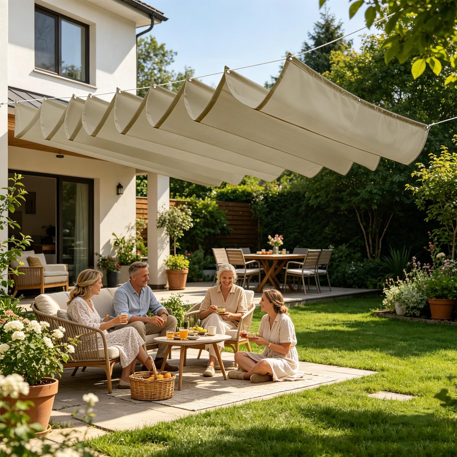 Toldo Retráctil Tipo Ola 100 x 700 cm con Ojales y Cuerda, Vela Sombra Impermeable y Rectangular con Bloqueo UV y Resistencia a Desgarros para Jardín Porche Patio Barbacoa, Caqui