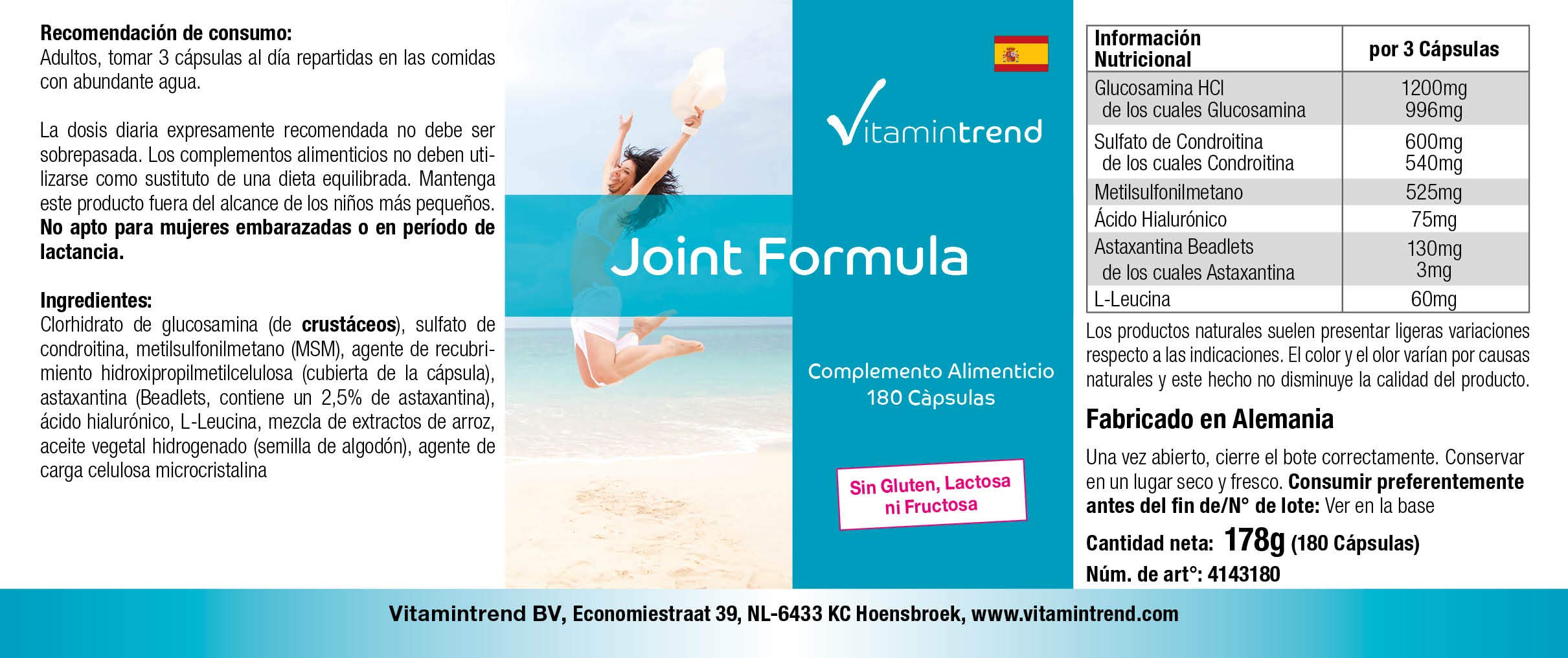 Vitamintrend Joint Formula Gélules pour les articulations, 180 gélules, avec glucosamine, chondroïtine, MSM, acide hyaluronique et astaxanthine, complément alimentaire, fabriqué en Allemagne