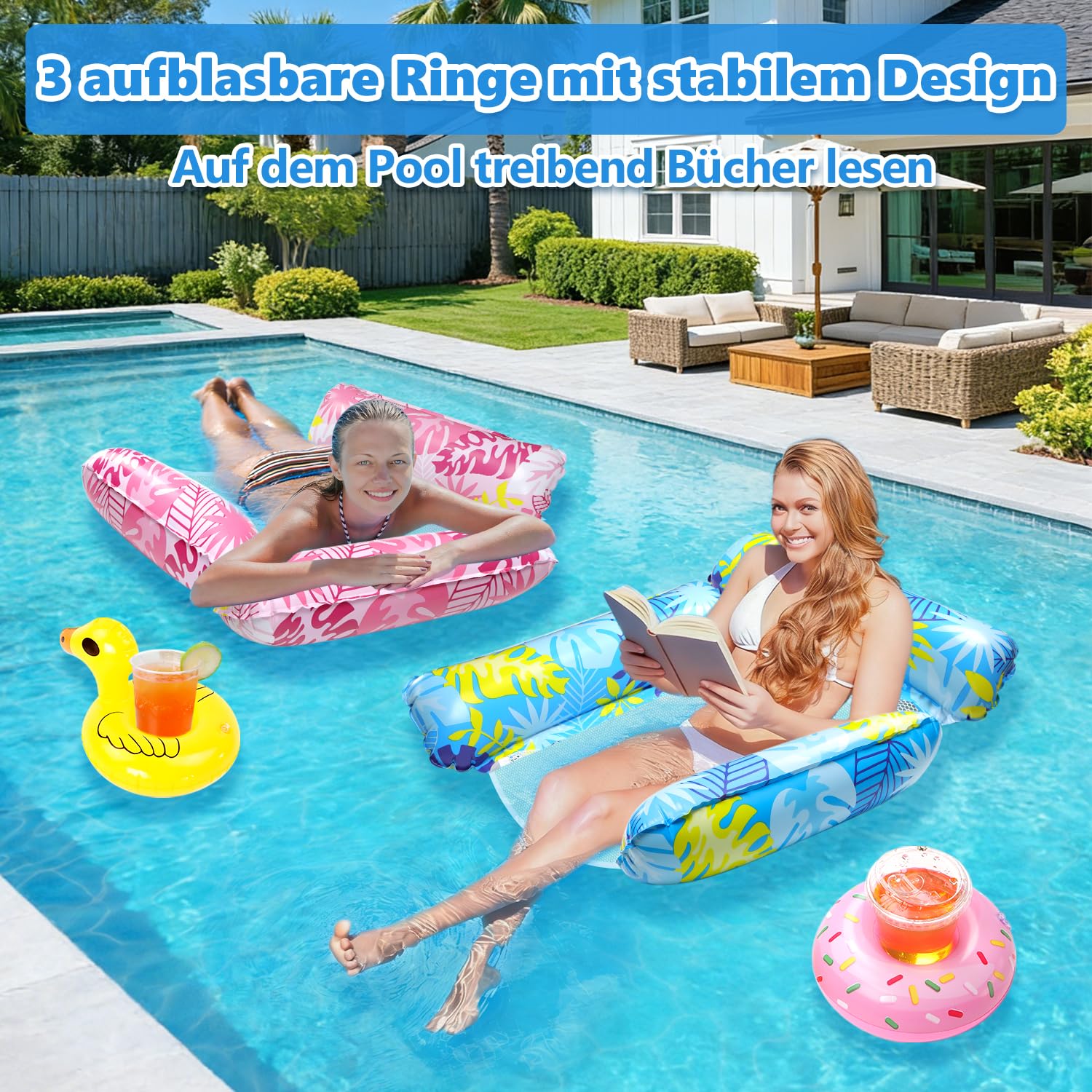 2 Stück Luftmatratze Wasser mit 1 Luftpump und 2 Getränkehalter，4 in 1 Wasserhängematte mit Netz Aufblasbare Schwimmsessel Wasser Matratze Pool Zubehör Liege Sofa Stuhl Sitz Erwachsene Kinder Stabil