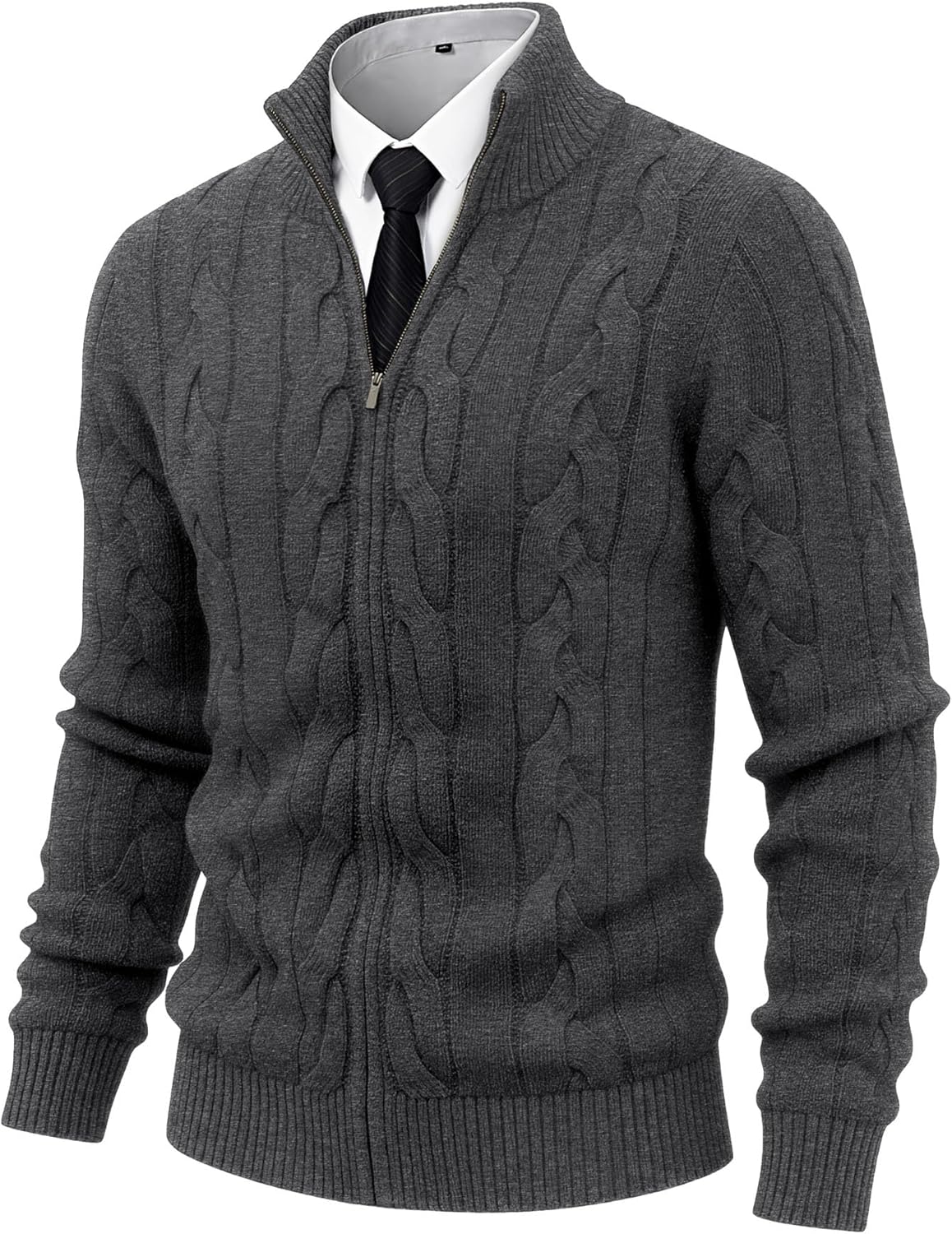 NITAGUT Mens Full Zip Up Cardigan Sweater Casual Stand Collar Cable Knit Winter Sweaters