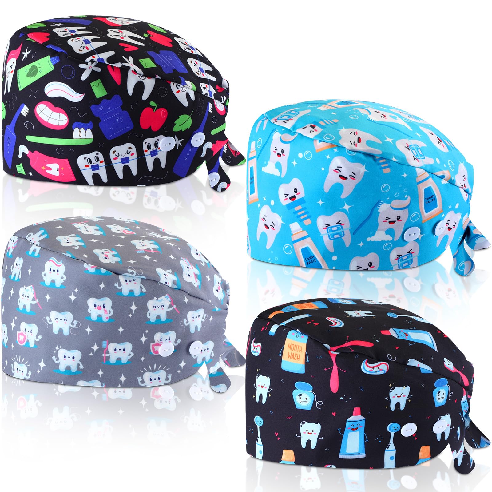 Unittype4 Pcs Nurse Caps for Women Nursing Working Caps with Button and Sweatband Adjustable Elastic Scrub Hats for Dentist