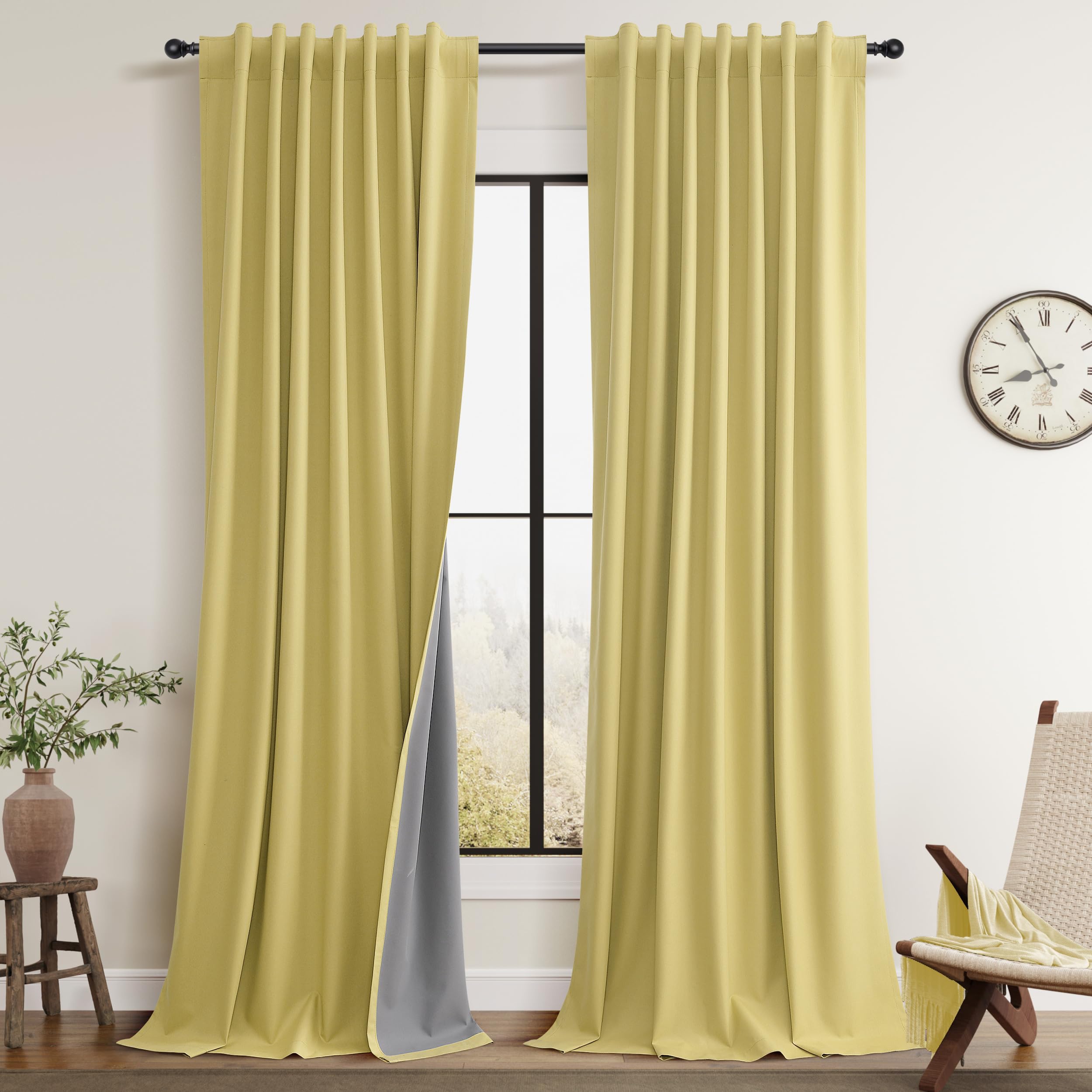 Guken Yellow Linen 100% Blackout Curtains 84 Inch Long for Bedroom 2 Panels Textured Light Blocking Black Out Thermal Insulated Soundproof Back Tab Hook Belt Curtain for Hooks Living Room 52x84 7Ft