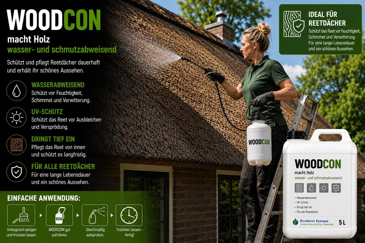 Woodcon Holzversiegelung | Holz und Multiplex wasserabweisend machen | Holzschutz | ergiebig | kein Mattglanz | überstreichbar | 1 liter