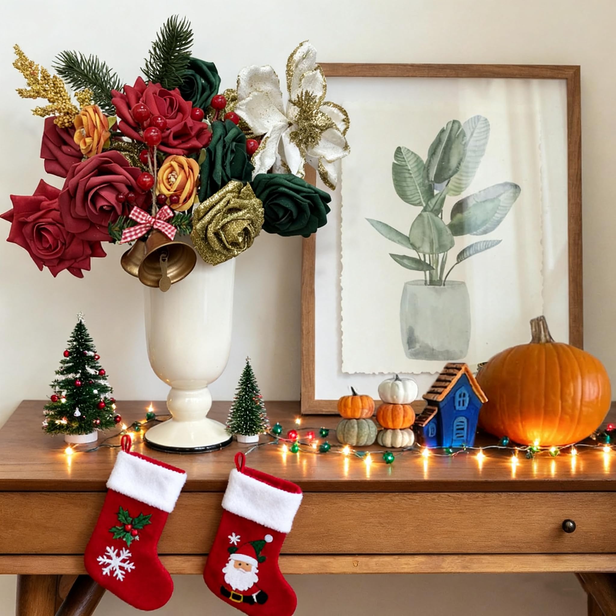Künstliche Weihnachtsblumen-Box, Rosen, Weihnachtssterne, Stechpalme, künstliche Seidenblume für Heimwerker, Tischdekoration, Weihnachtsbaumschmuck, Weihnachtskranz, Urlaub, Zuhause, Party-Dekoration
