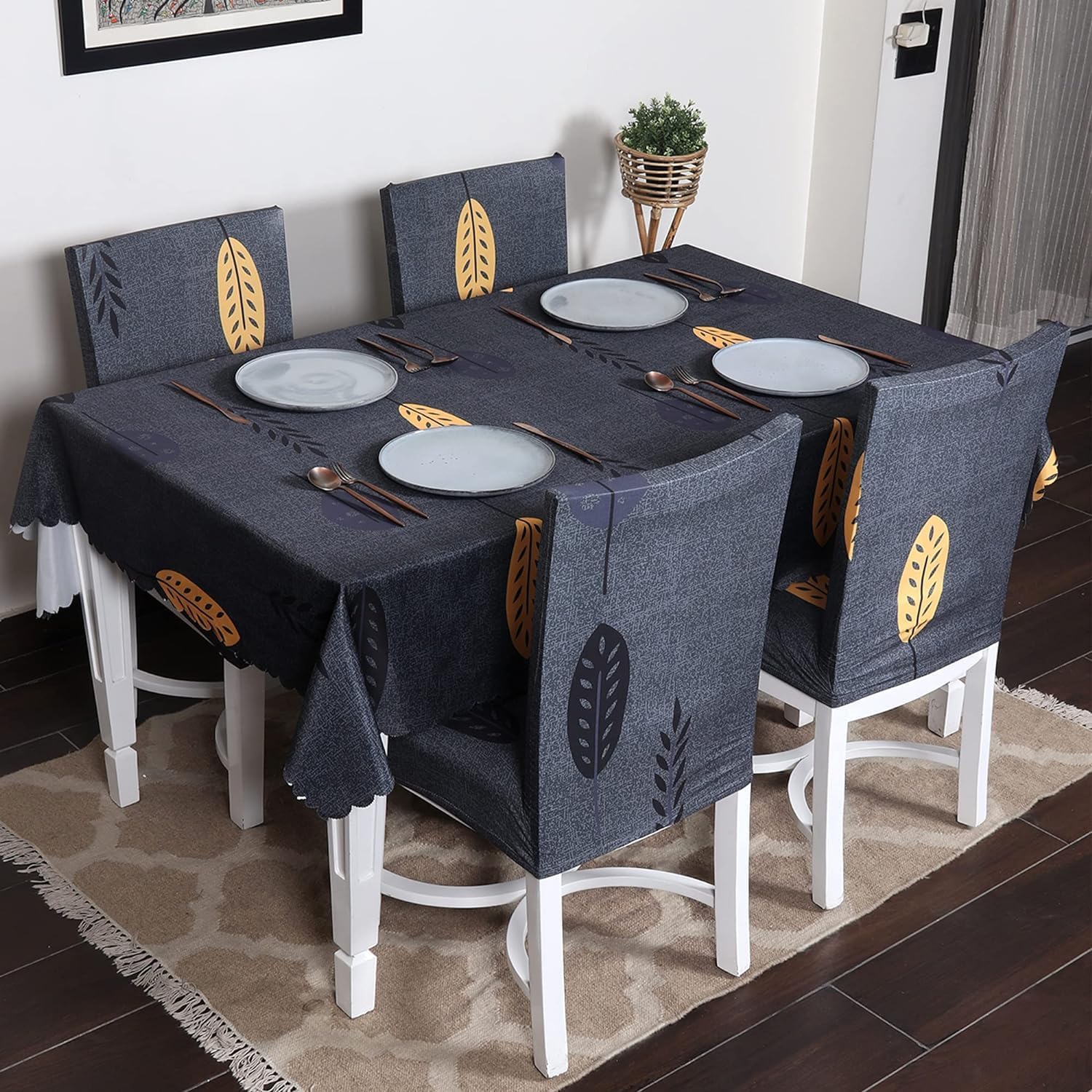 Favria Polyester Table Cloth Matching Dining Chair Cover Set Waterproof Oil Table Seat Protector 6 Seater Elastic Chair Cover Printed (140X220, 1 Table Cover + 6 Chair Cover, Grey Mustard Leaf) (B0CKTWM7XR) Amazon Price History, Amazon Price Tracker