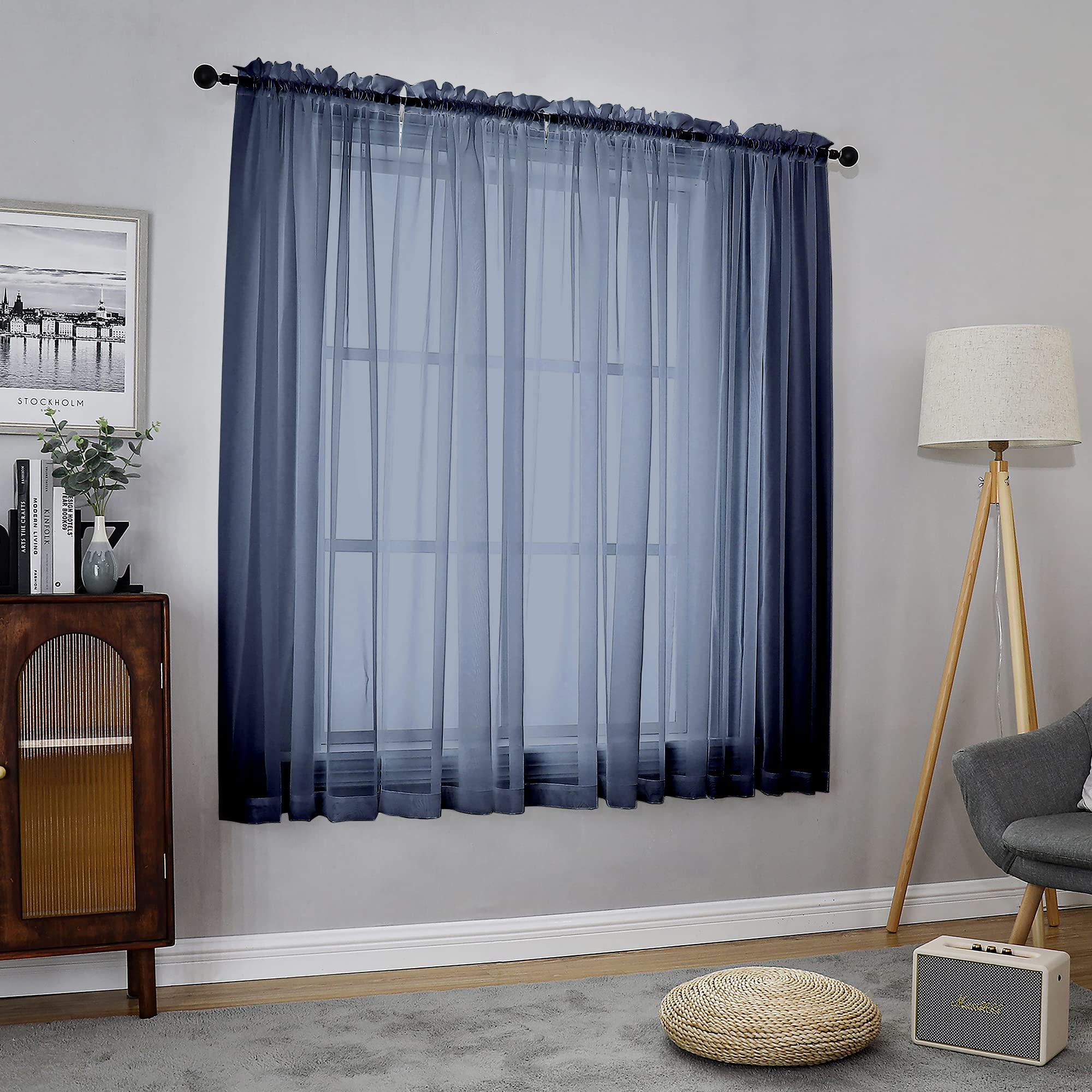 Chyhomenyc Voile Sheer Curtain Panels 54in Long 2 Pack, Short Bathroom Window Curtains for Small Window/Living Room/Guest Room/Basement, Airy Light Filtering Drapes, 42W x 54L inch, Navy Blue