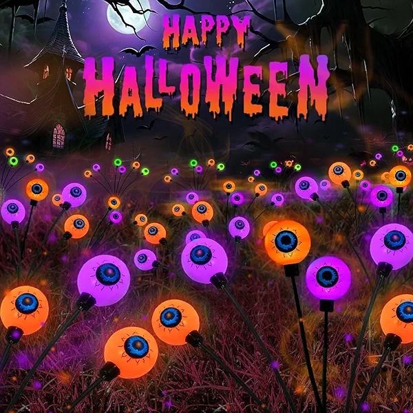 6 Pack Halloween Decorations Outdoor Solar Eyeball Lights, Purple and Orange Scary Eyeball Swaying Firefly Lights with 2 Modes, Waterproof Halloween Pathway Lights for Yard Garden Lawn Party Decor
