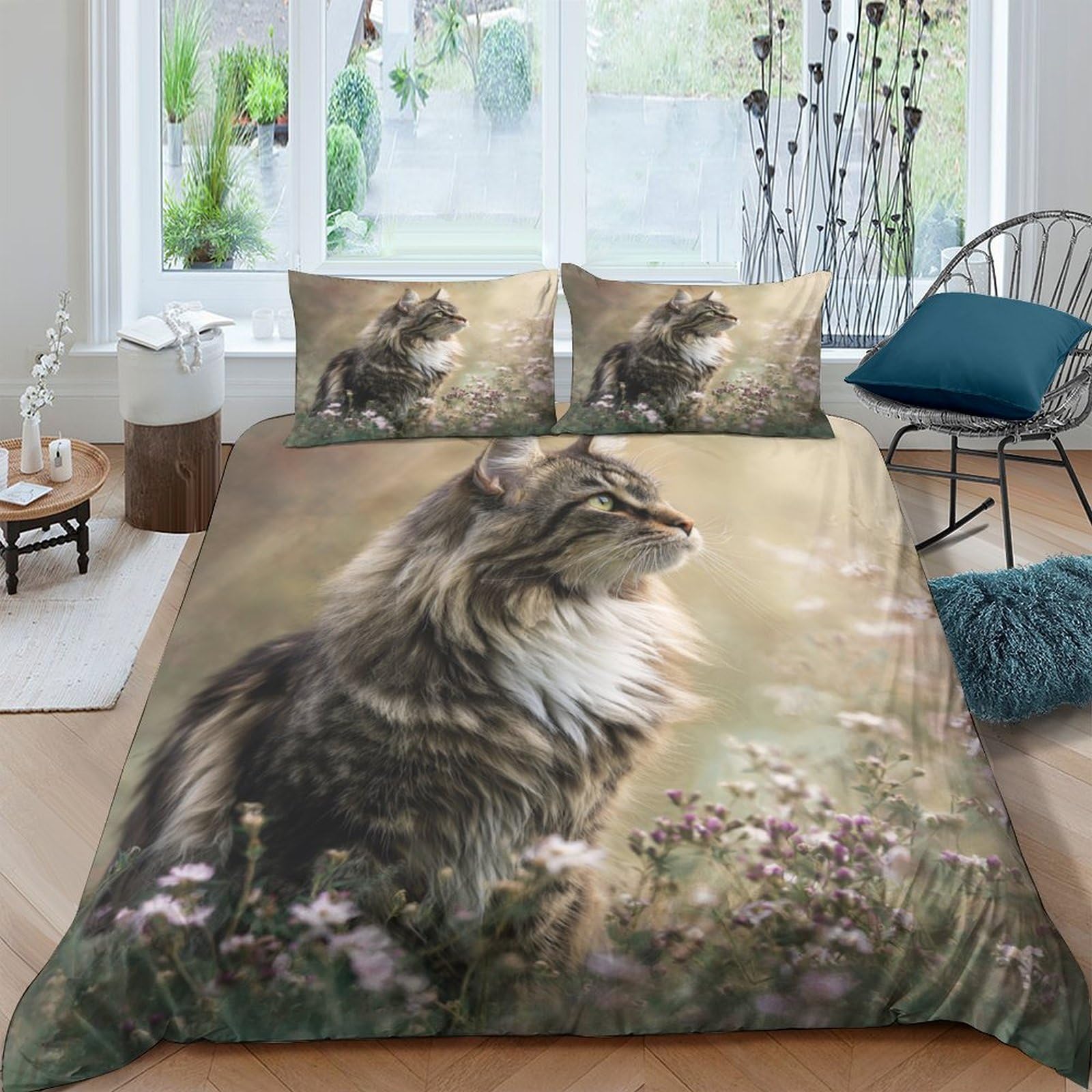 GPLZQXKJNH 3D Printed Realistic Cat Duvet Cover Microfiber Soft Breathable Wild Meadow Quilt Cover Set with 2 Pillowcases for Bedroom Decor Single（135x200cm）