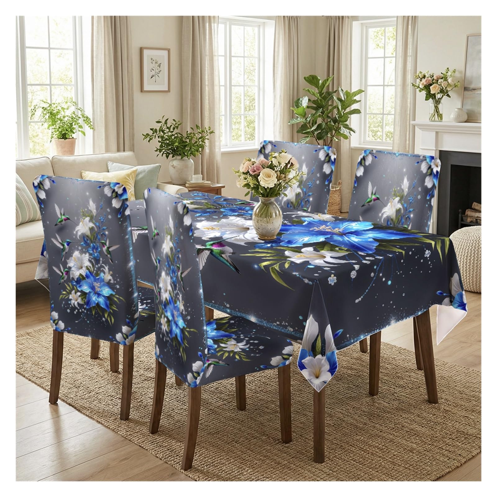 BOSUYBN Stretch Dining Chair Slipcover & Tablecloth Set, Blue Lily Hummingbird Floral Print, 5/7 Pack, Dining Kitchen Garden Home Decor Table Setting(5pcs Set: Tablecloth+Chair Covers)