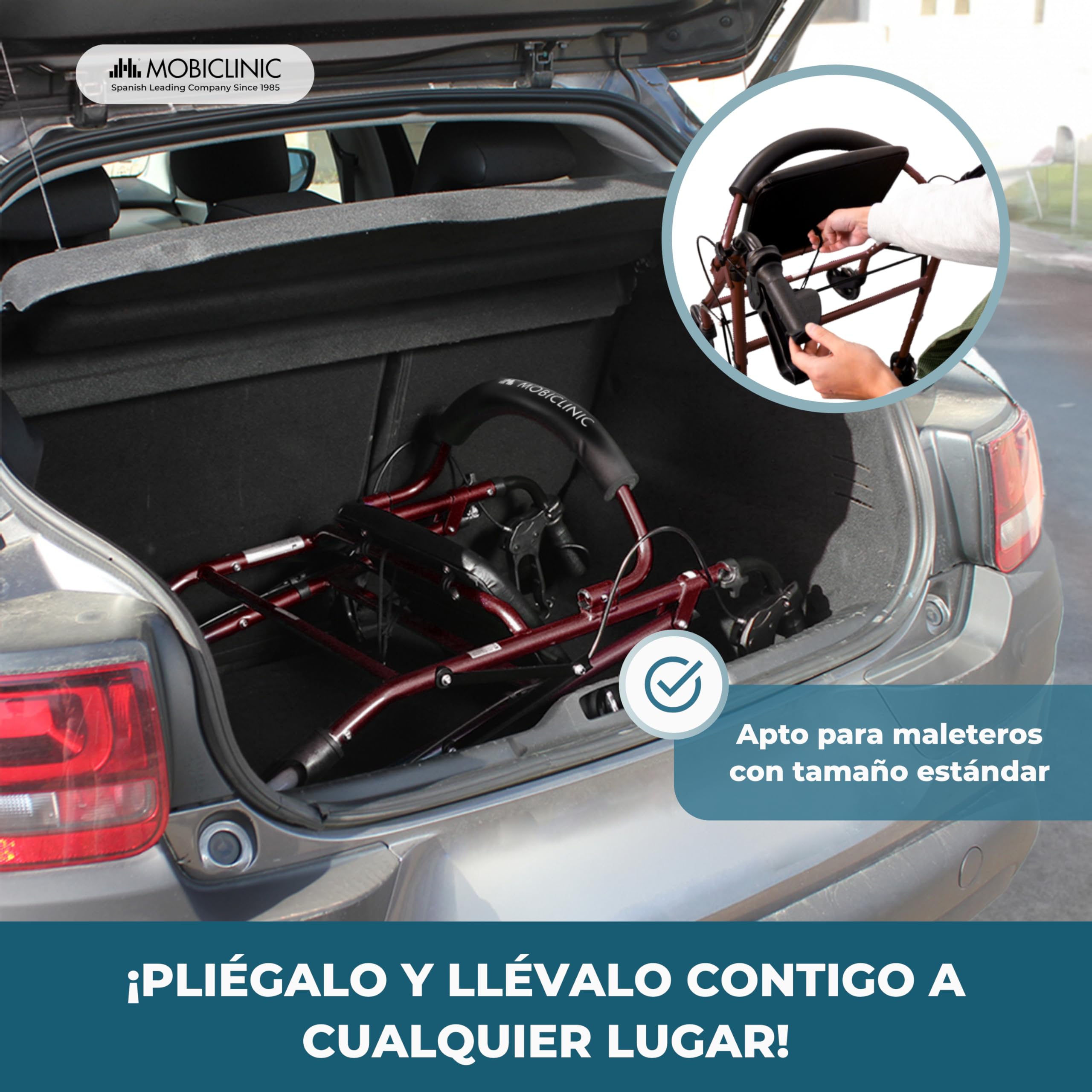 Mobiclinic®, Andador para Ancianos, Plegable, Regulable en Altura, Frenos Manuales y Bloqueables, Hasta 110 kg, con Cesta y Asiento, Ligero, Resistente, Aluminio, Escorial (Burdeos)