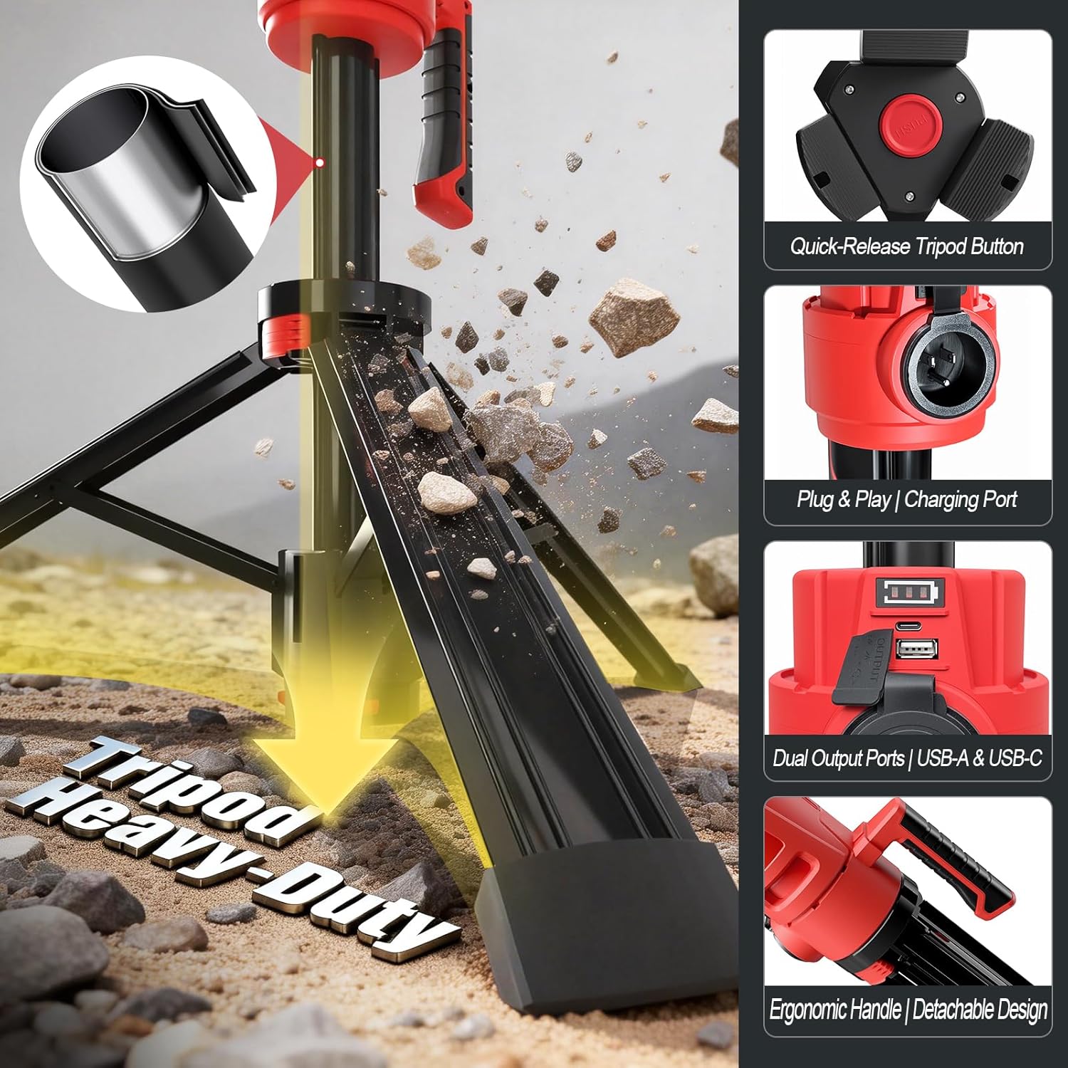 SYLSTAR Hybrid Powered LED Work Light with Tripod, 12000 Lumens Corded & Rechargeable Battery Work Light, 7.4ft Aluminum Telescopic Stand, 3 Brightness Levels, IP65, Dual Head, Portable Job Site Light - Image 7