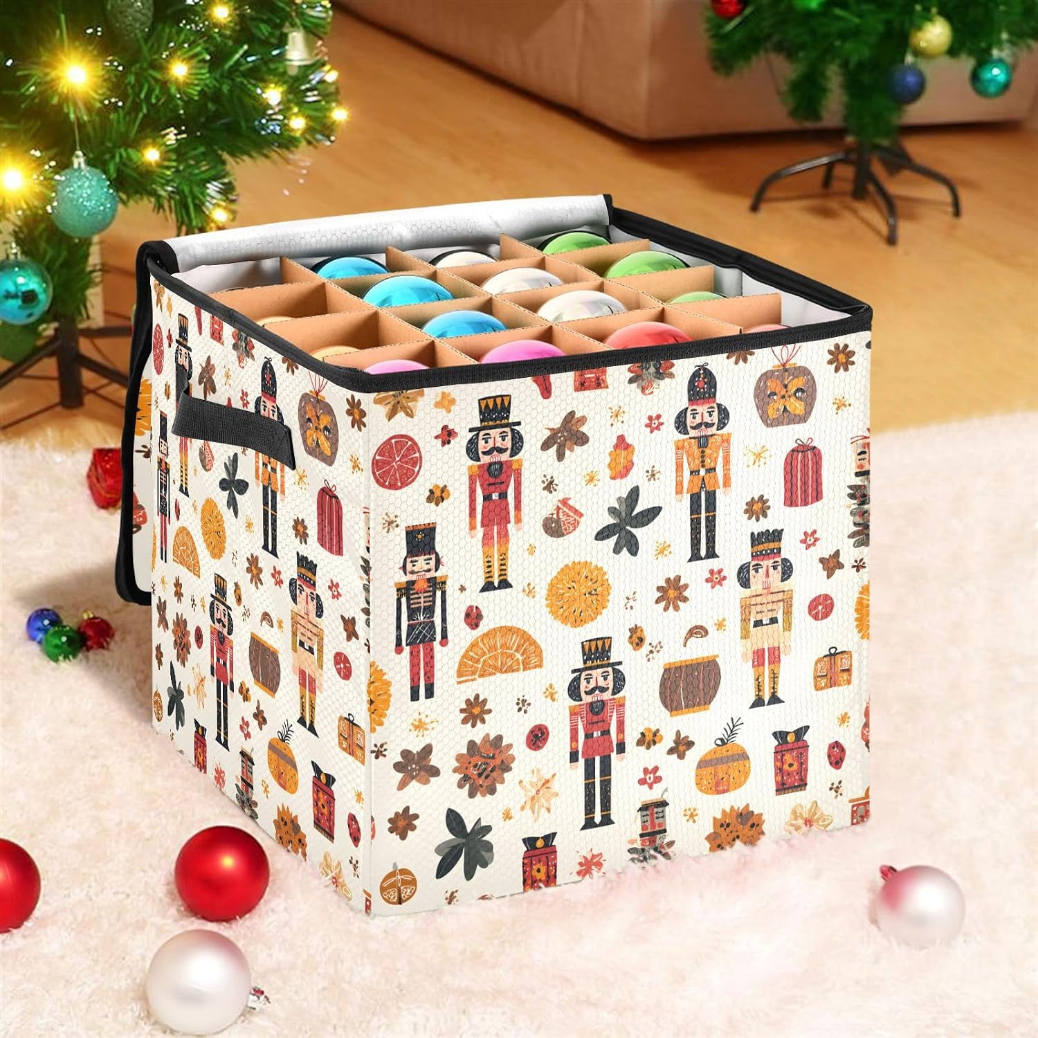 Christmas Ornament Storage Box, Christmas Nutcrackers, Holiday Decoration Storage Organizer with Adjustable Dividers, Stores up to 64 Ornaments 3-Inch